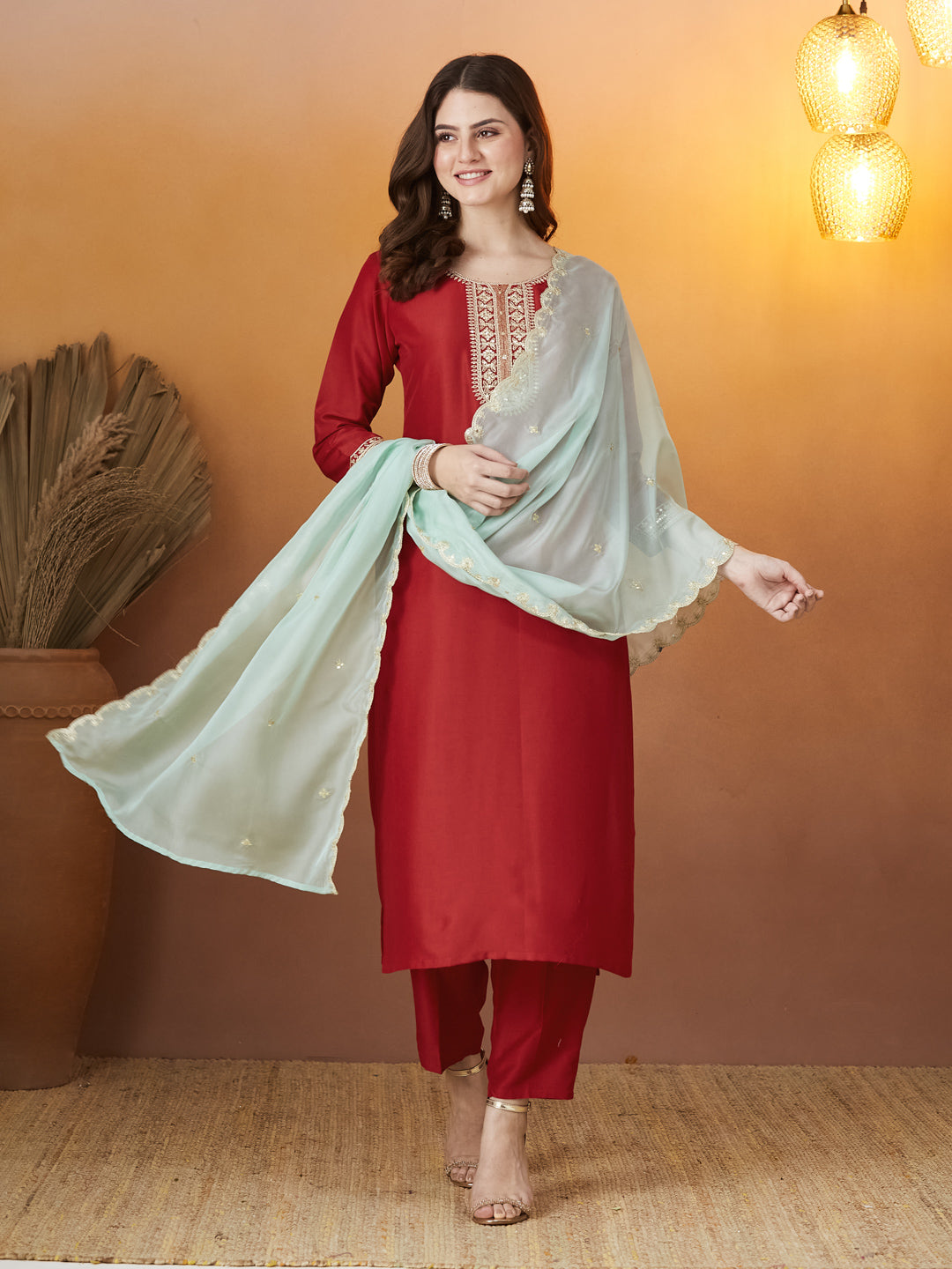 Red Embroidered Chinon kurta set with dupatta  for women