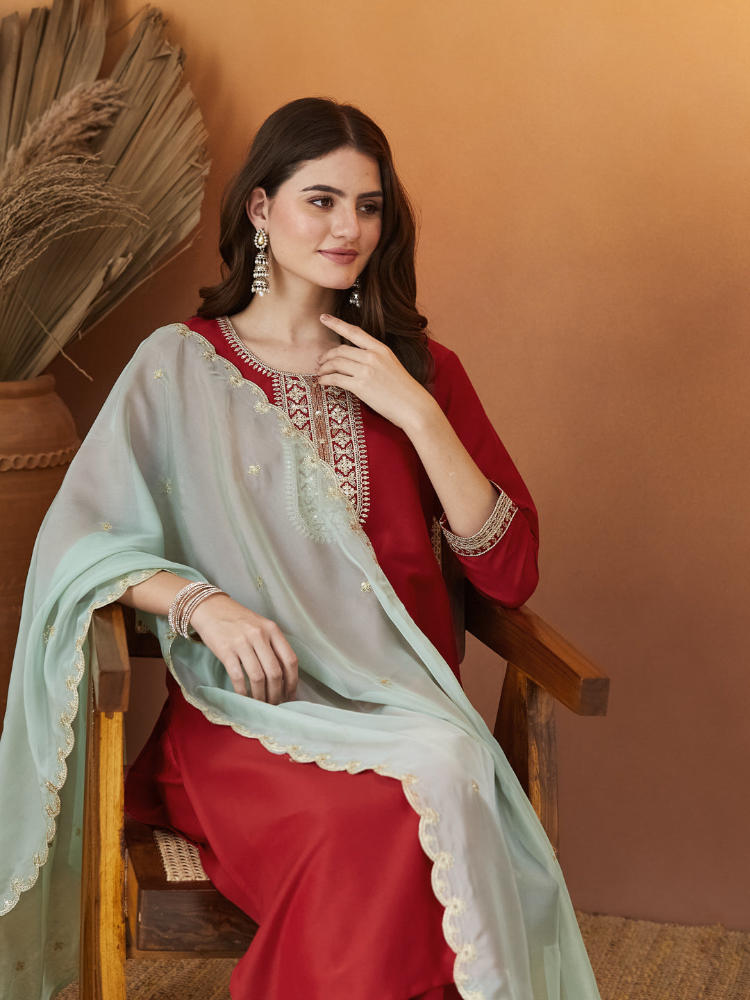 Red Embroidered Chinon kurta set with dupatta  for women