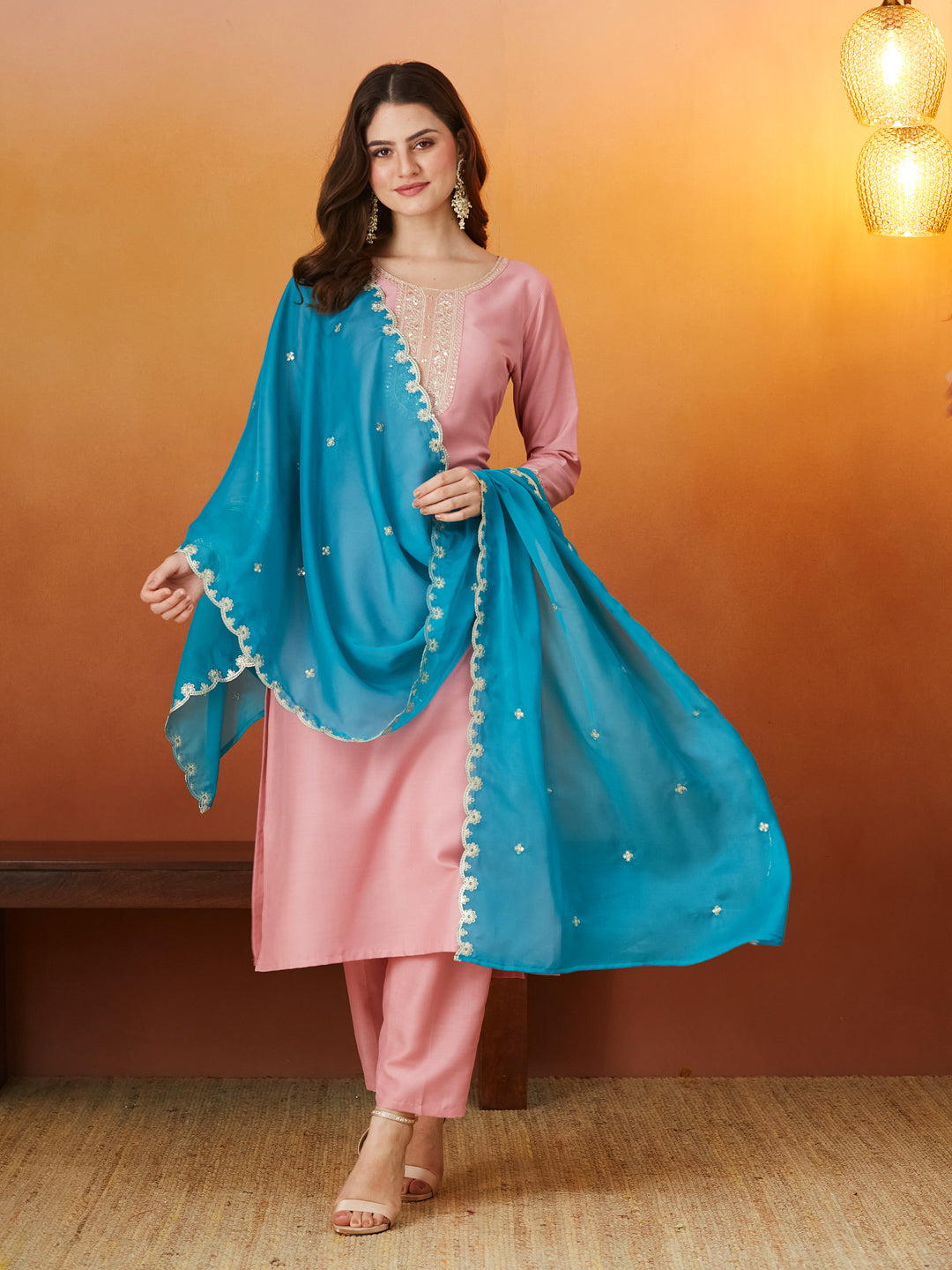 Pink Embroidered Chinon kurta set with dupatta  for women