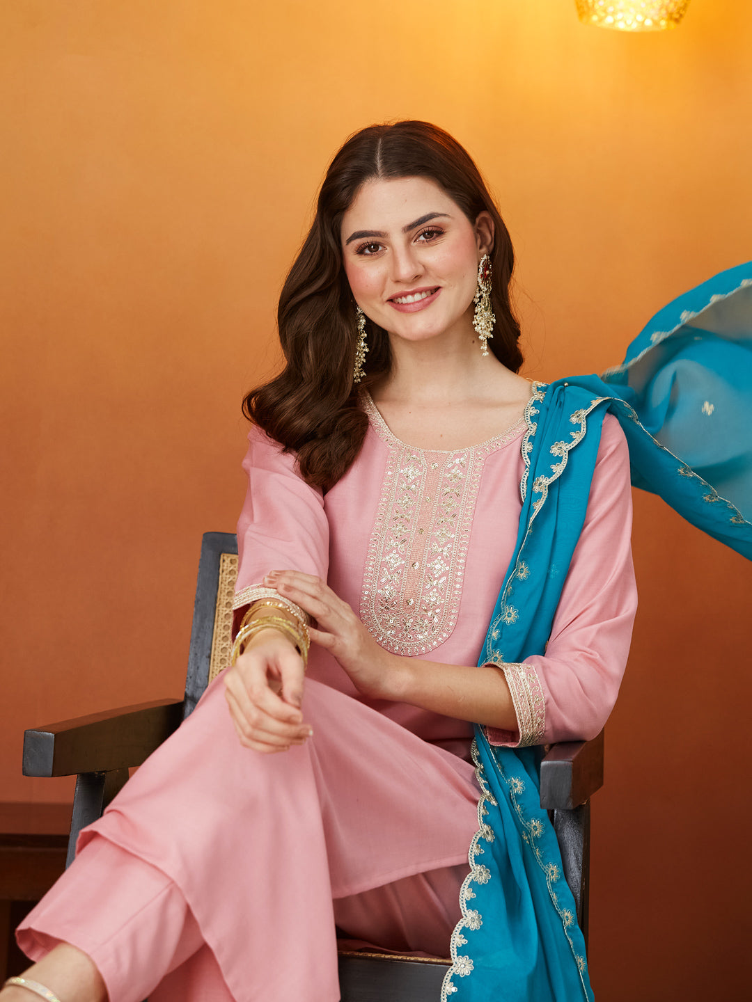 Pink Embroidered Chinon kurta set with dupatta  for women