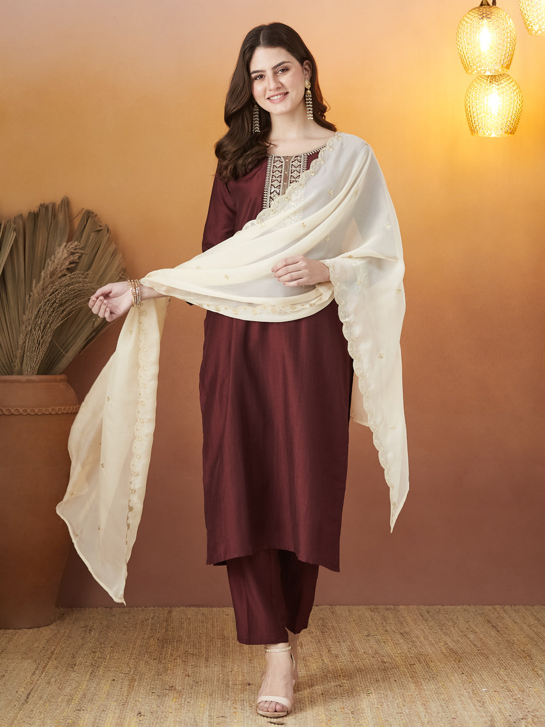 Maroon Embroidered Chinon kurta set with dupatta  for women