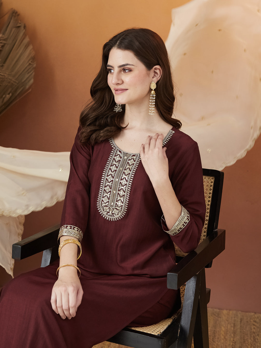Maroon Embroidered Chinon kurta set with dupatta  for women