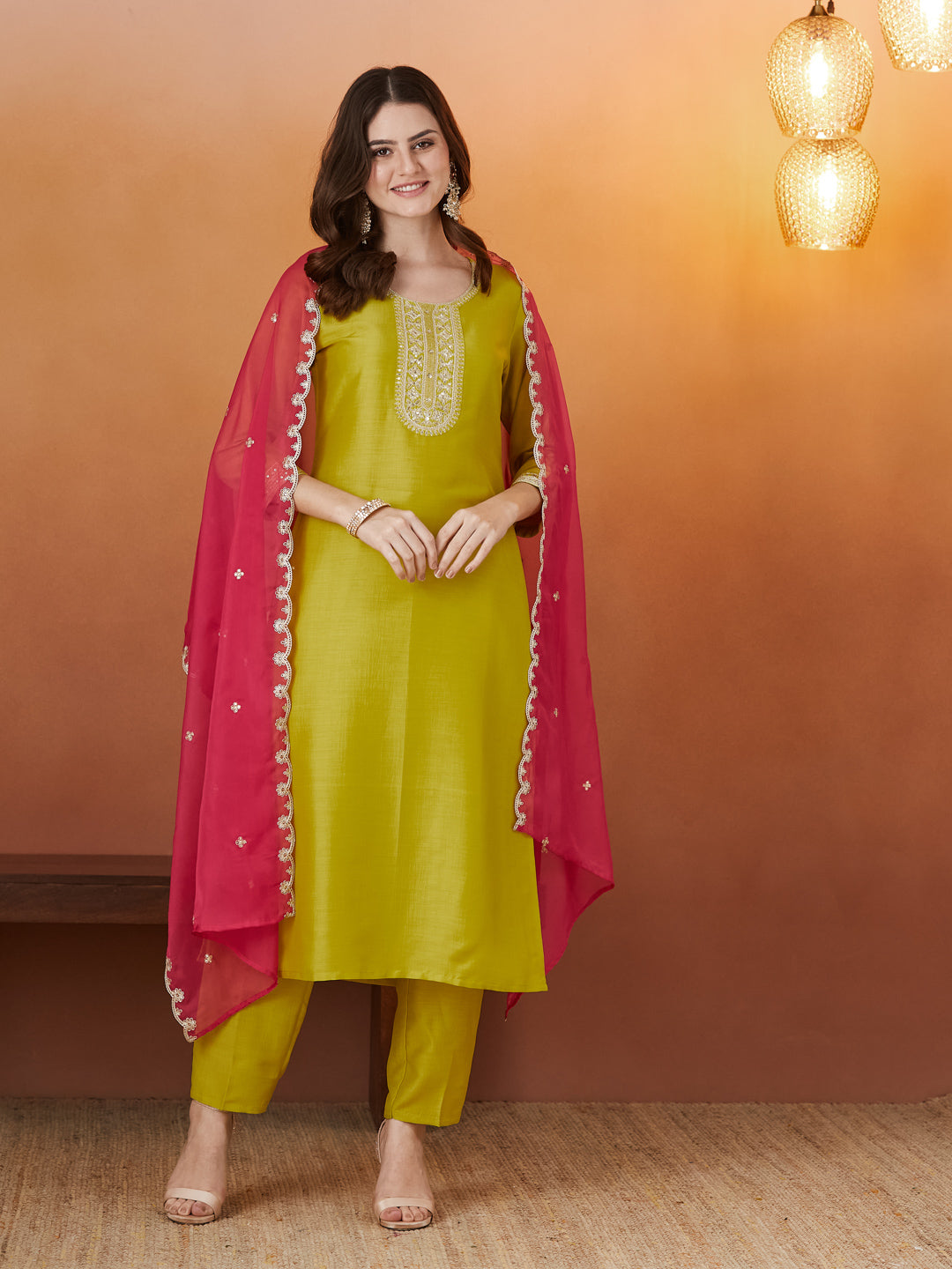 Neon Embroidered Chinon kurta set with dupatta  for women