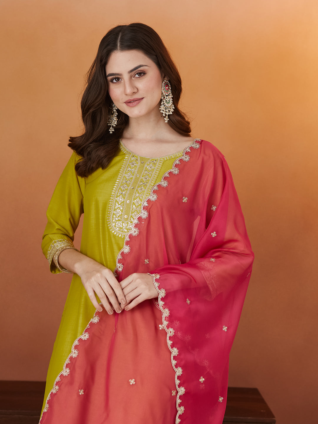 Neon Embroidered Chinon kurta set with dupatta  for women