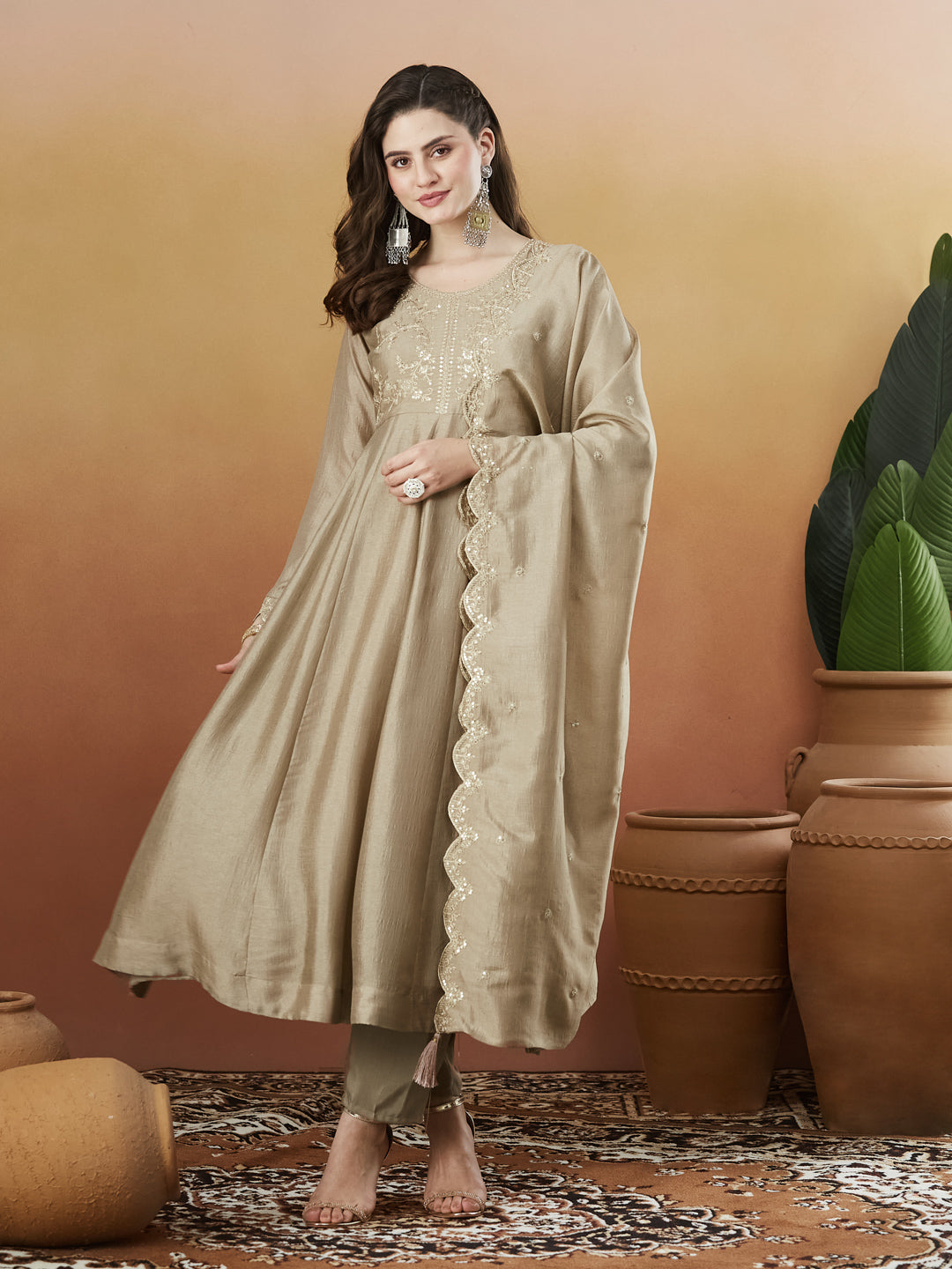 Grey Silk Embroidered Anarkali Kurta And Dupatta set