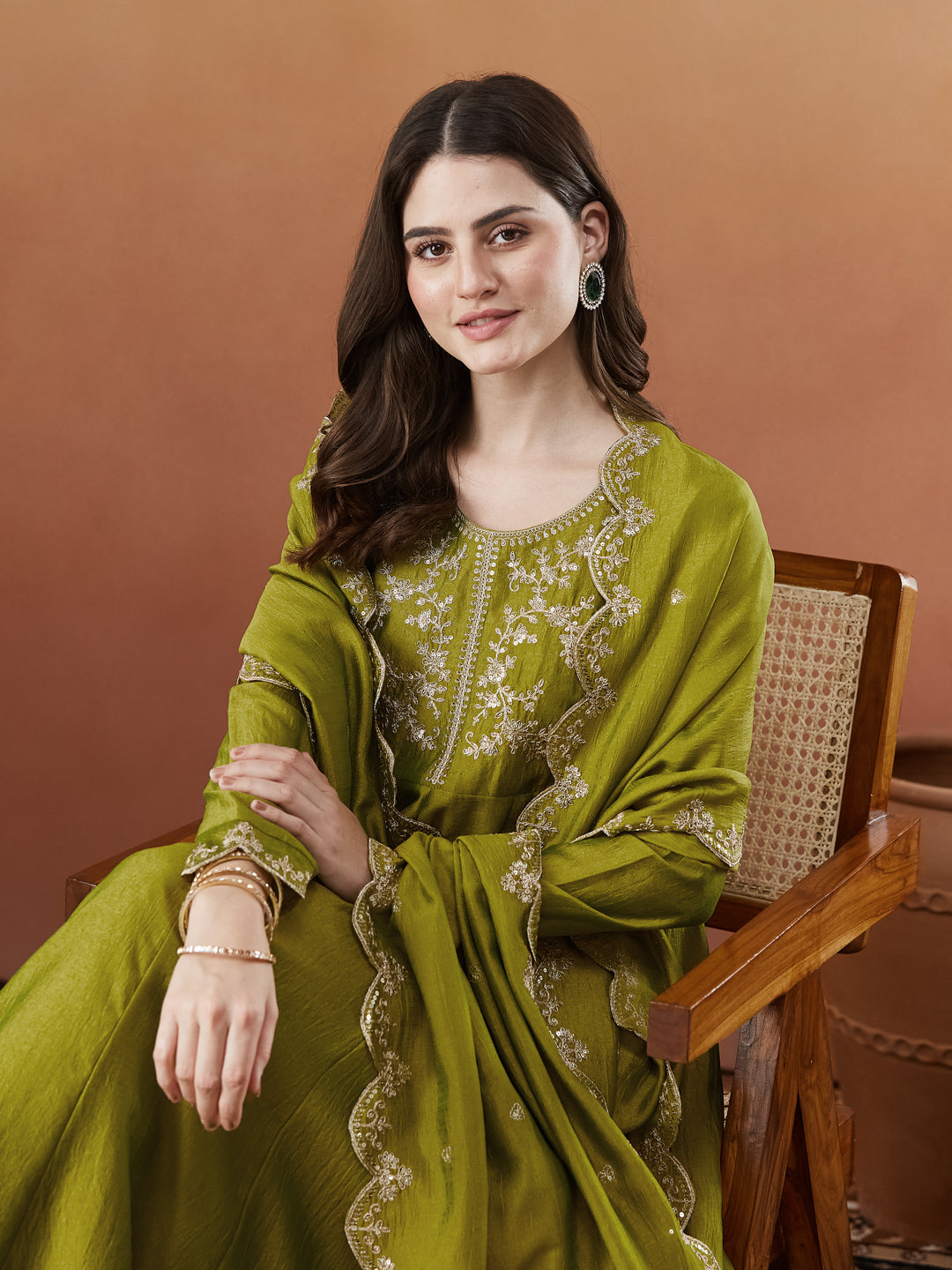 Green Silk Embroidered Anarkali Kurta And Dupatta set