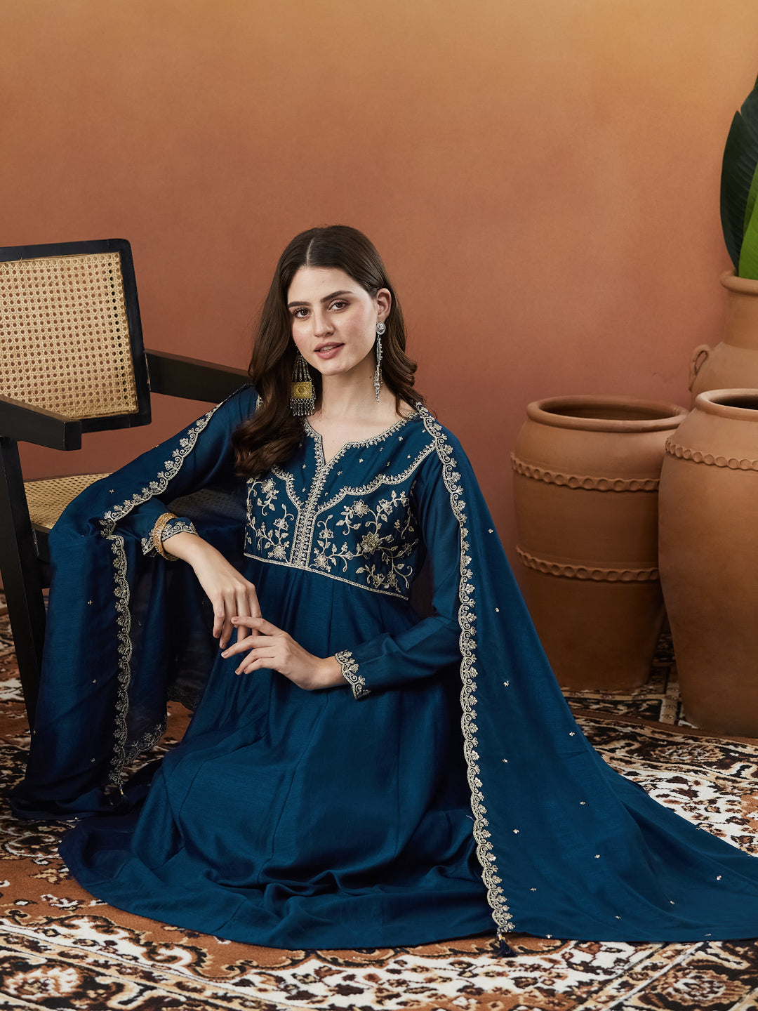 Teal Blue Embroidered Silk Anarkali kurta with Dupatta Set