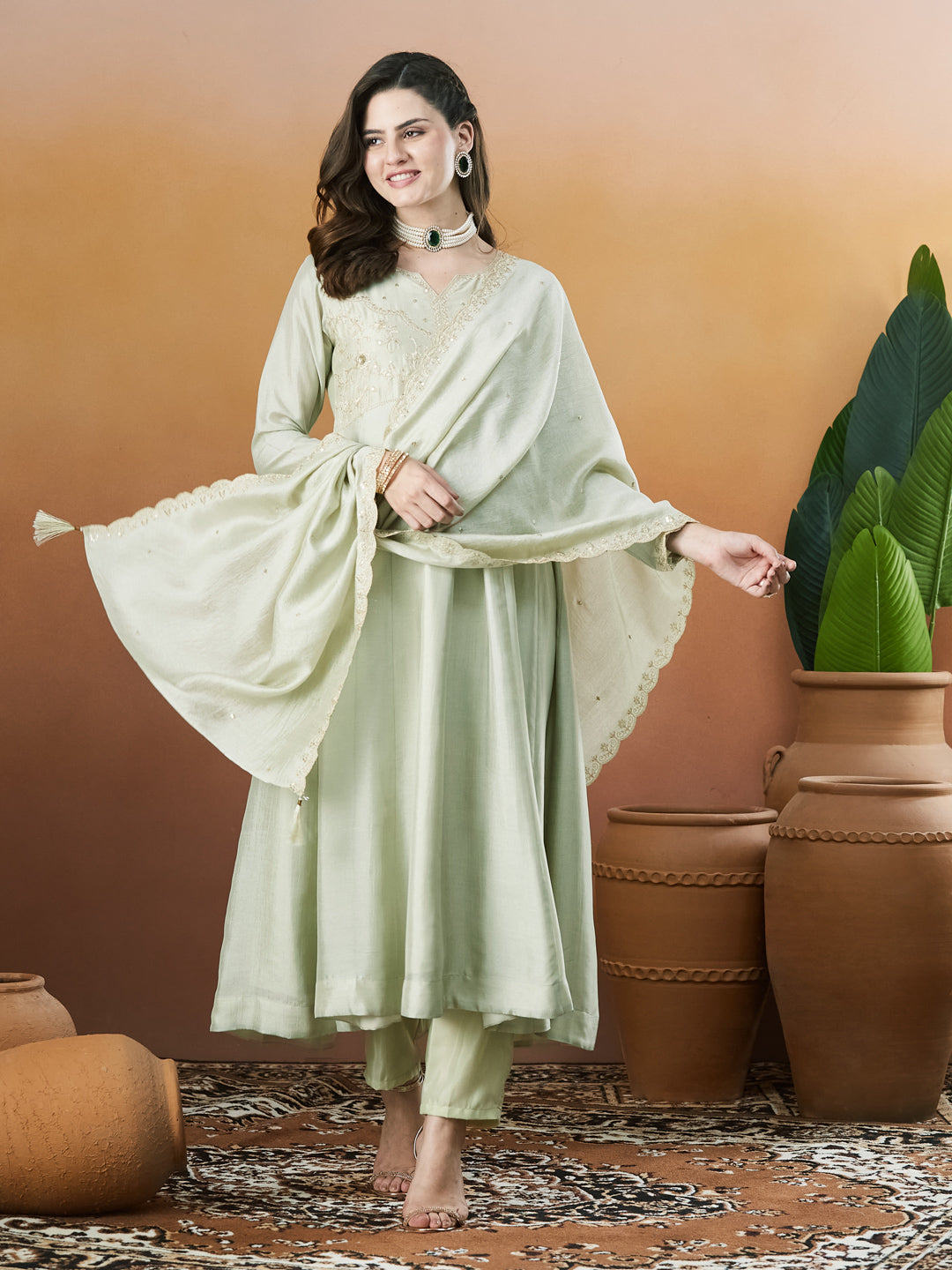 Pista Green Embroidered Silk Anarkali kurta with Dupatta Set