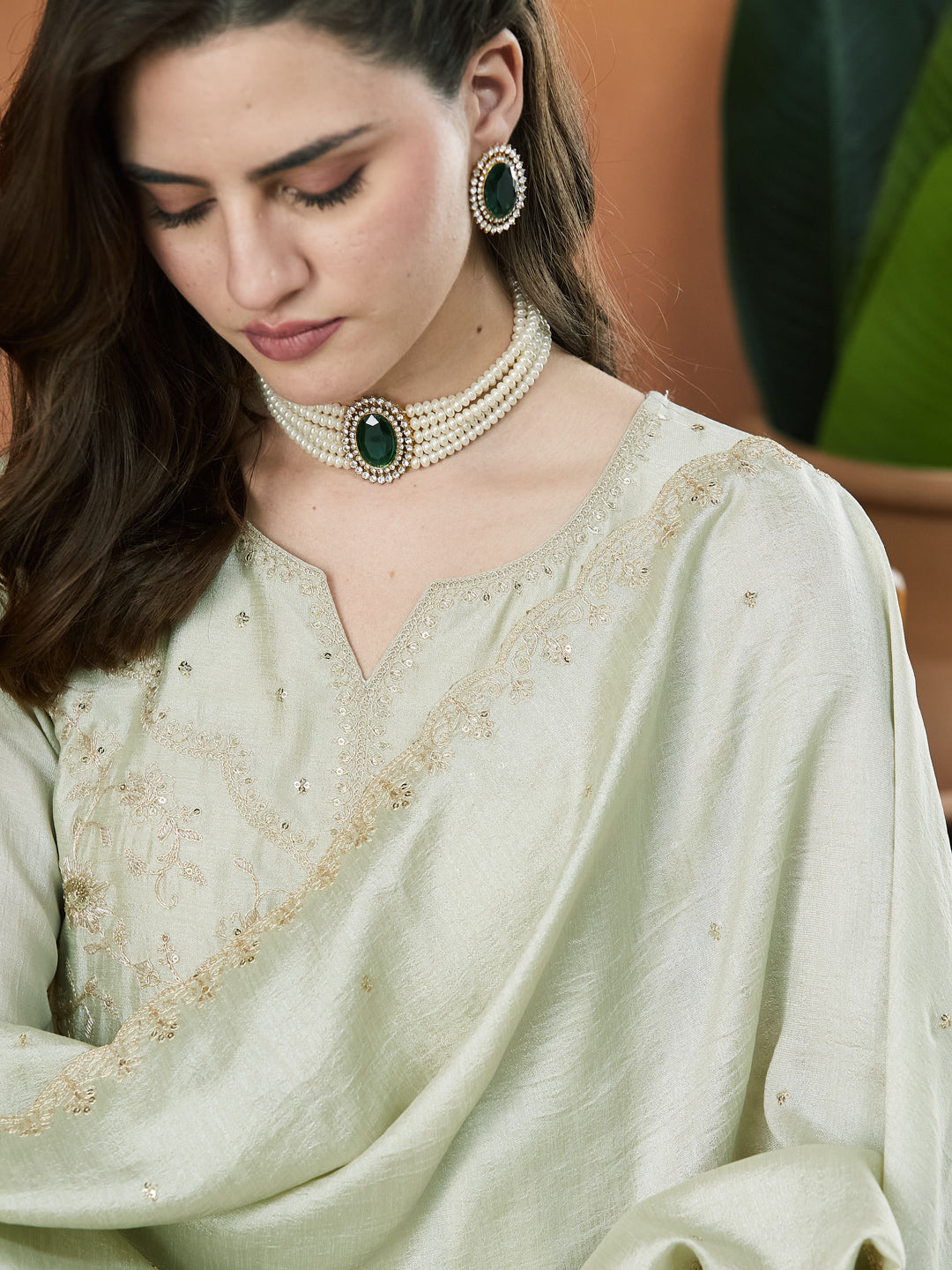 Pista Green Embroidered Silk Anarkali kurta with Dupatta Set
