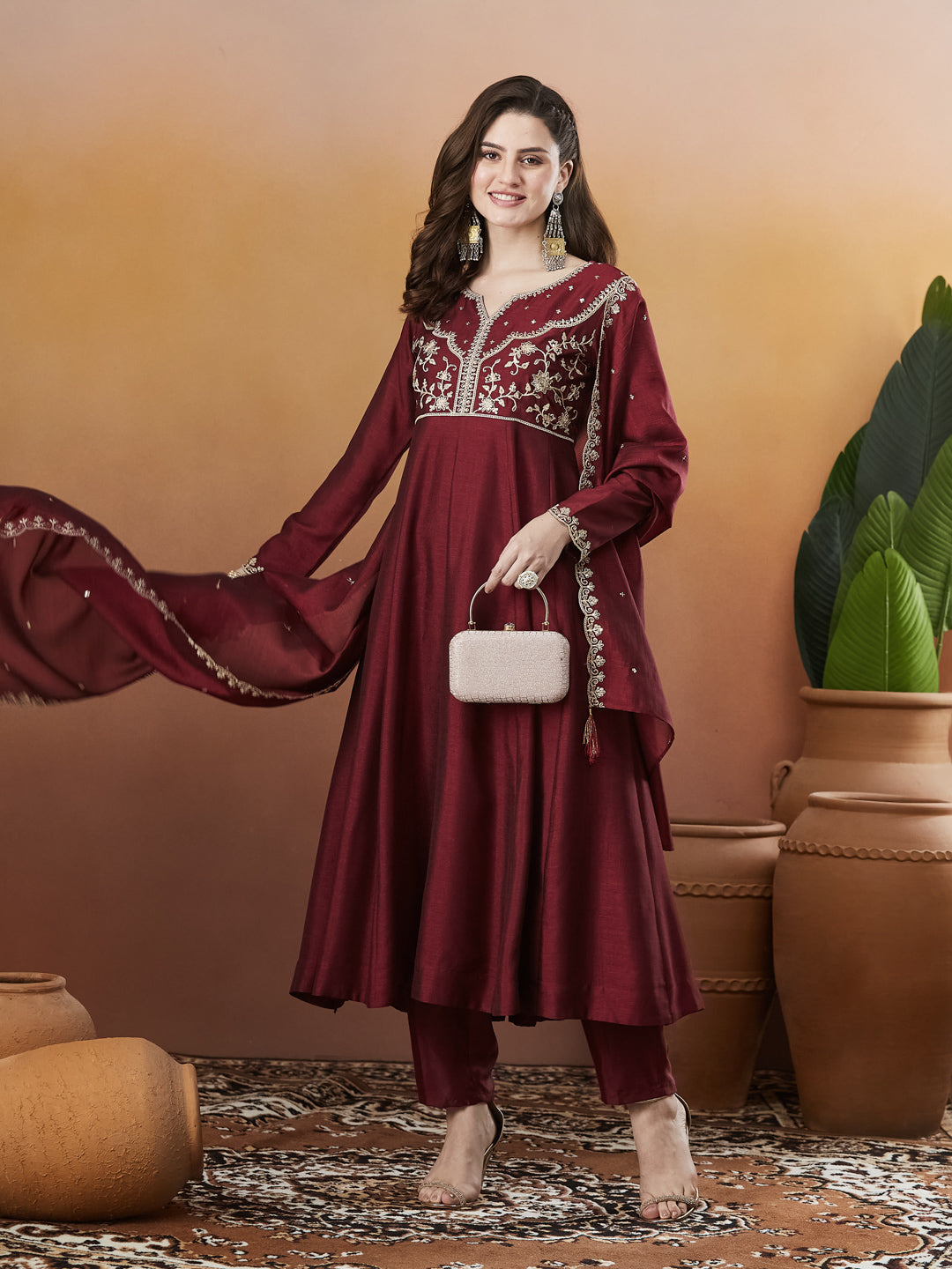 Berry Red Embroidered Silk Anarkali kurta with Dupatta Set