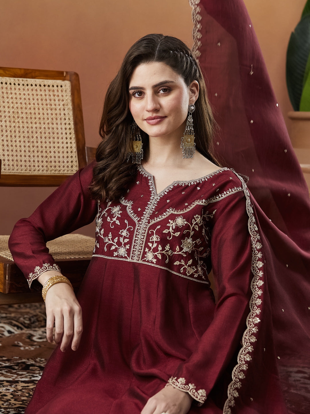 Berry Red Embroidered Silk Anarkali kurta with Dupatta Set