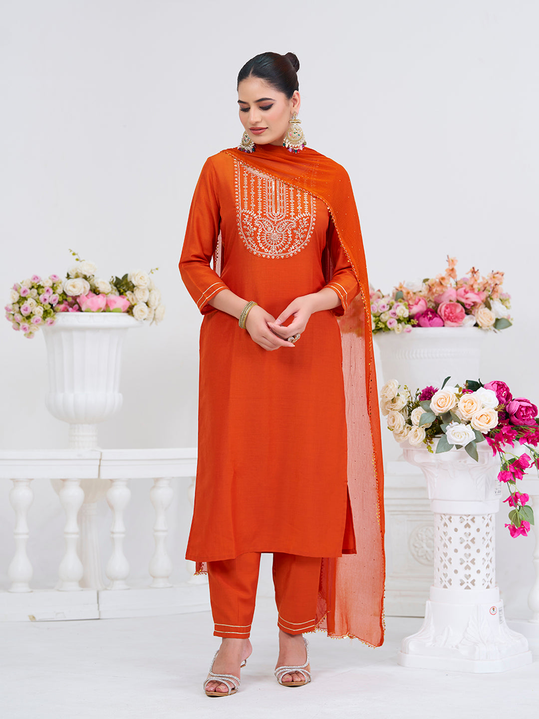 Orange Embroidered Chinon Kurta with Dupatta Set