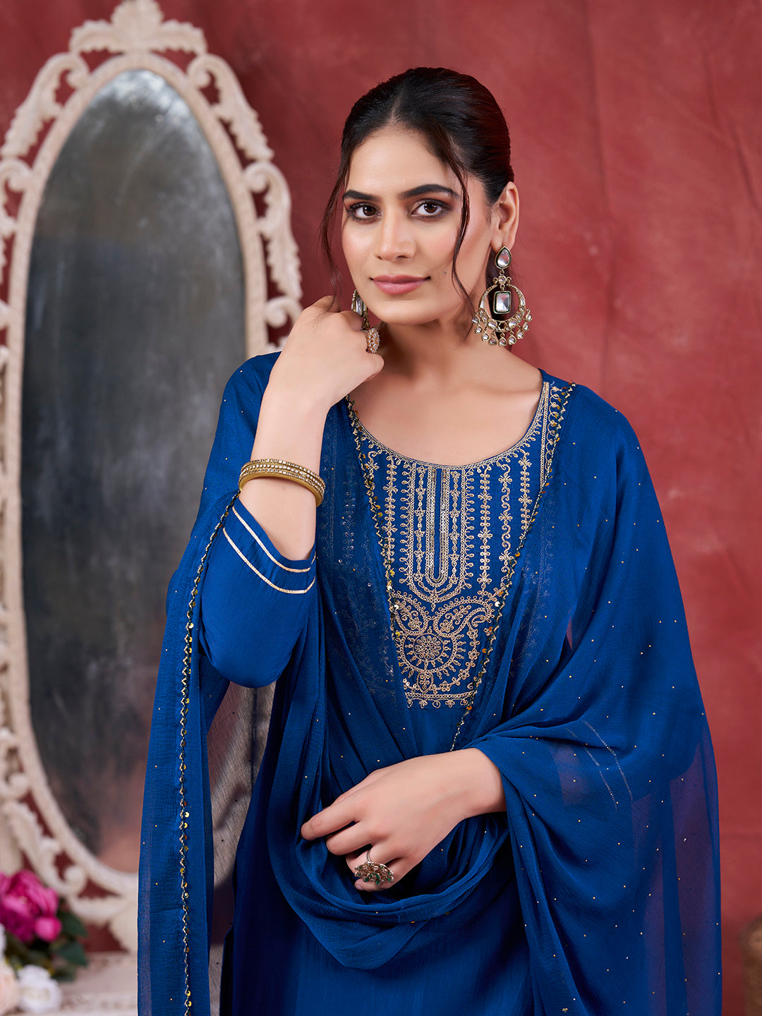 Teal Blue Embroidered Chinon Kurta with Dupatta Set