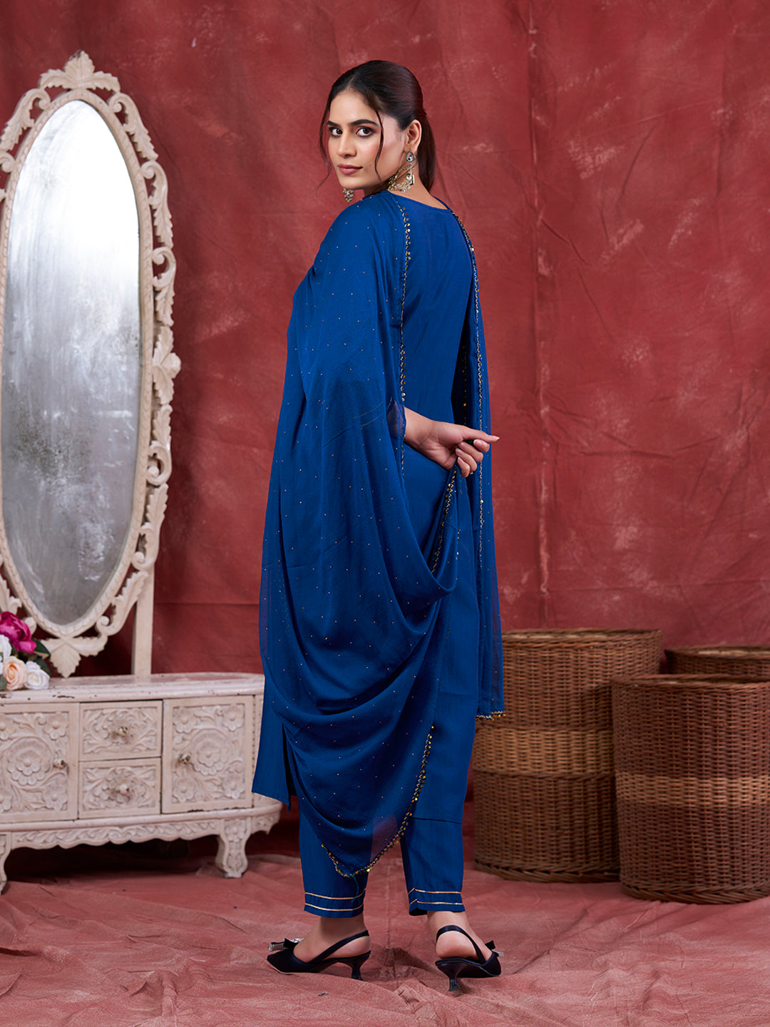 Teal Blue Embroidered Chinon Kurta with Dupatta Set