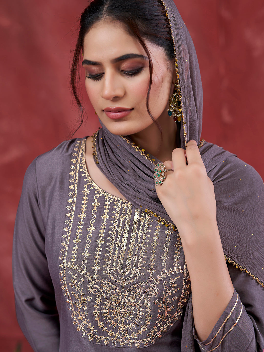 Grey Embroidered Chinon Kurta with Dupatta Set