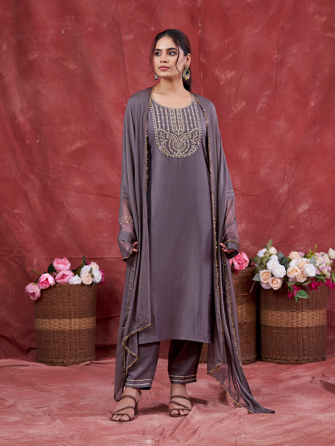 Grey Embroidered Chinon Kurta with Dupatta Set