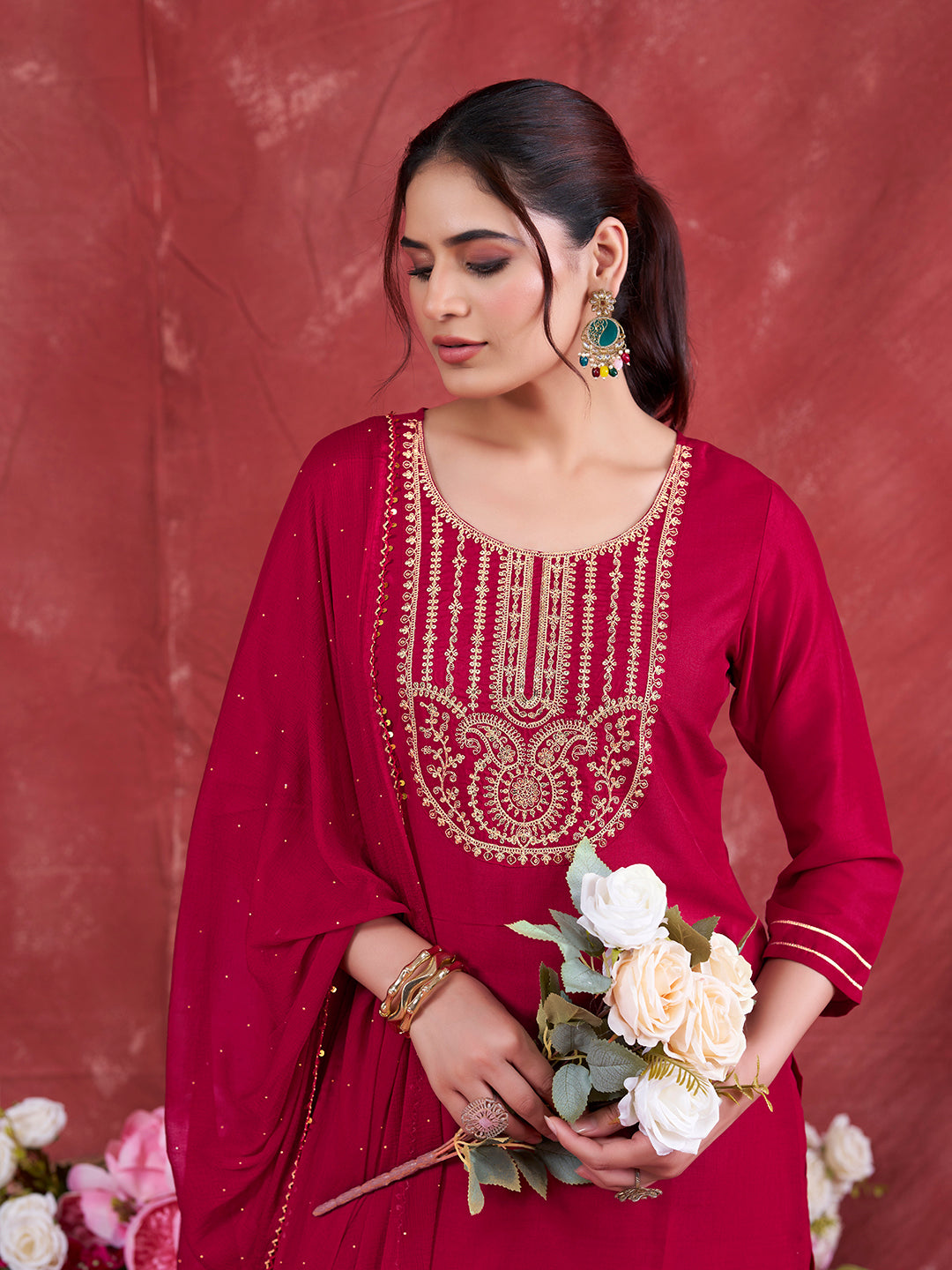 Rani Embroidered Chinon Kurta with Dupatta Set