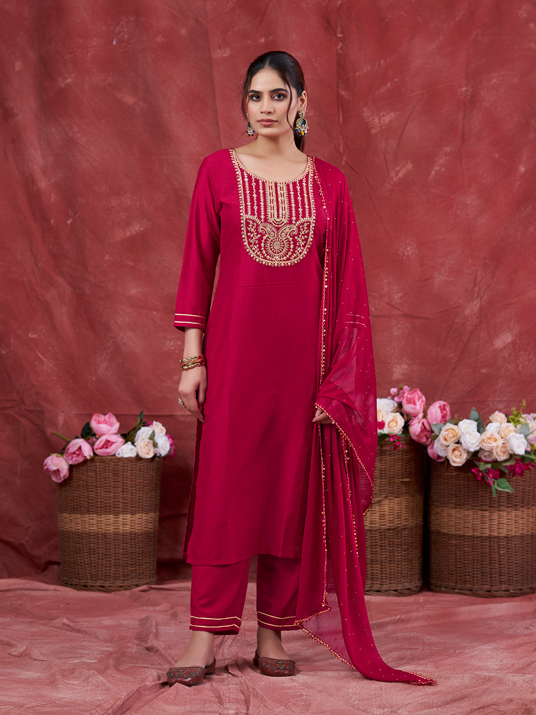 Rani Embroidered Chinon Kurta with Dupatta Set