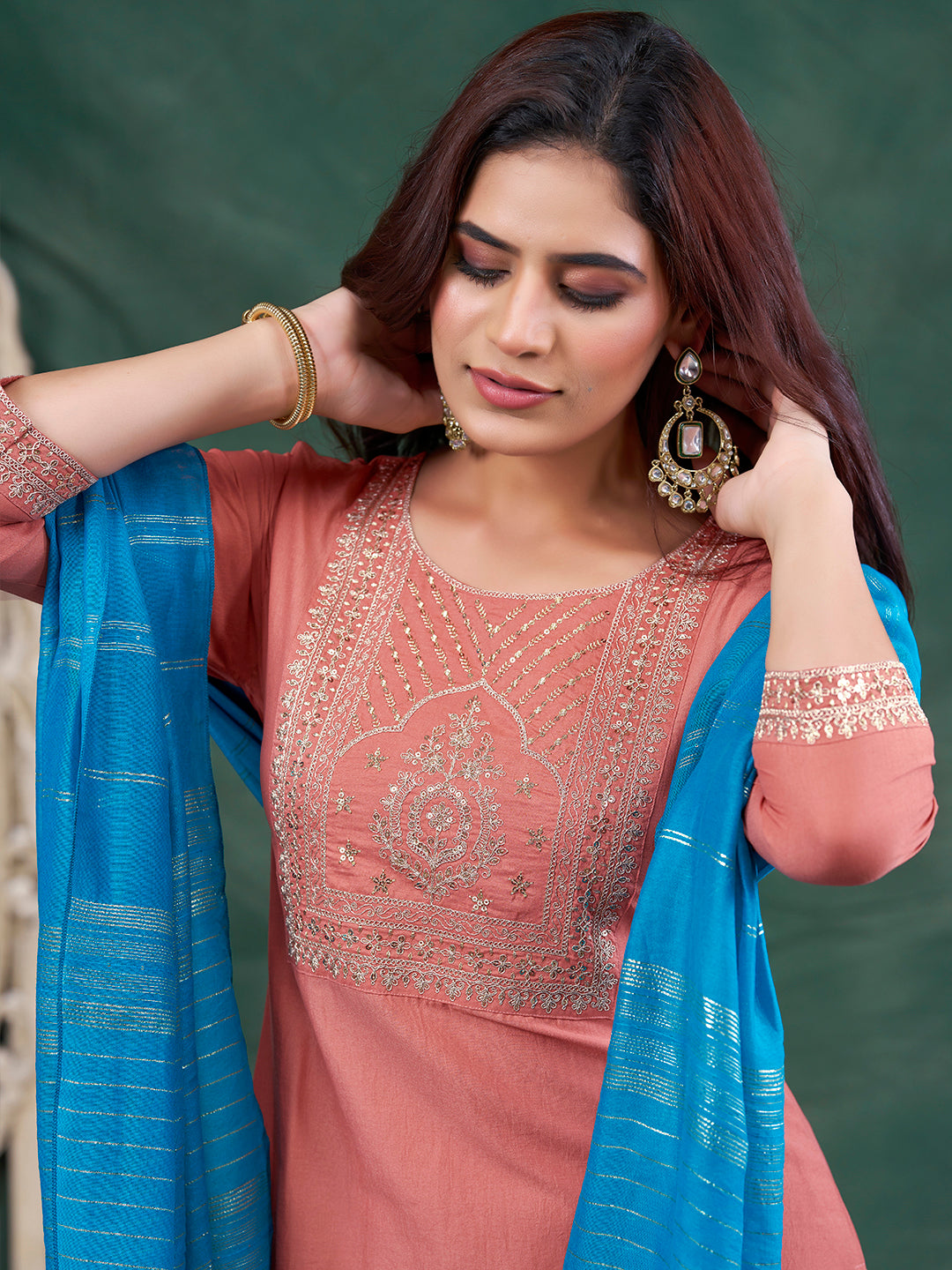 Peach Embroidered Chinon Kurta with Dupatta Set