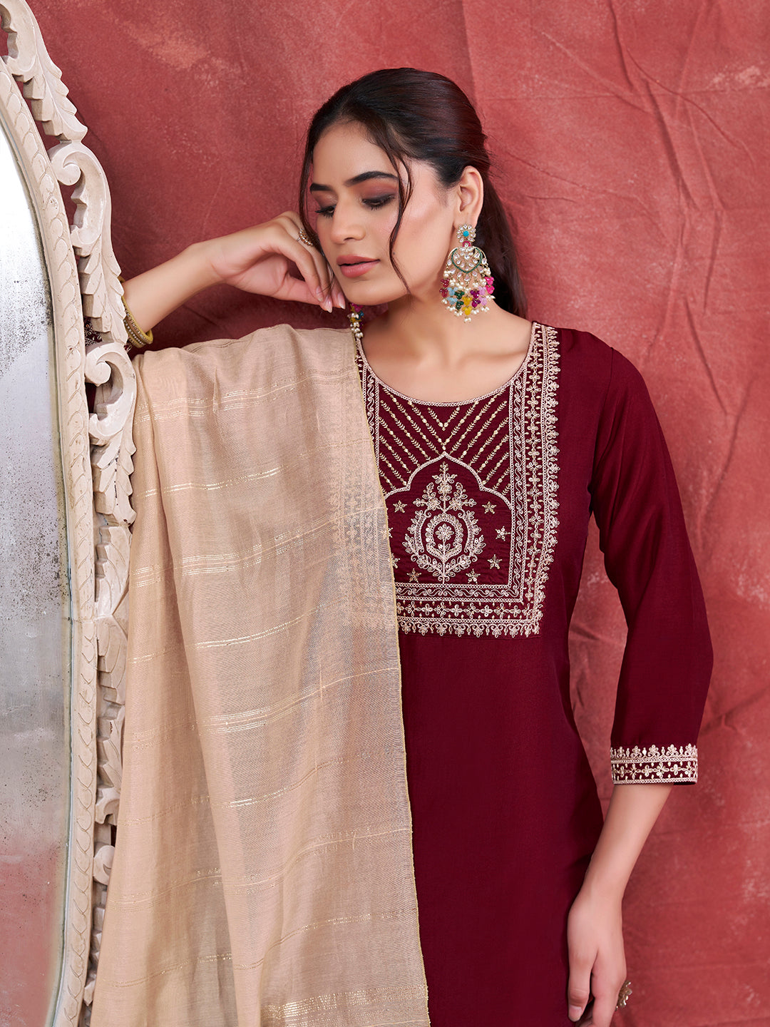 Maroon Embroidered Chinon Kurta with Dupatta Set