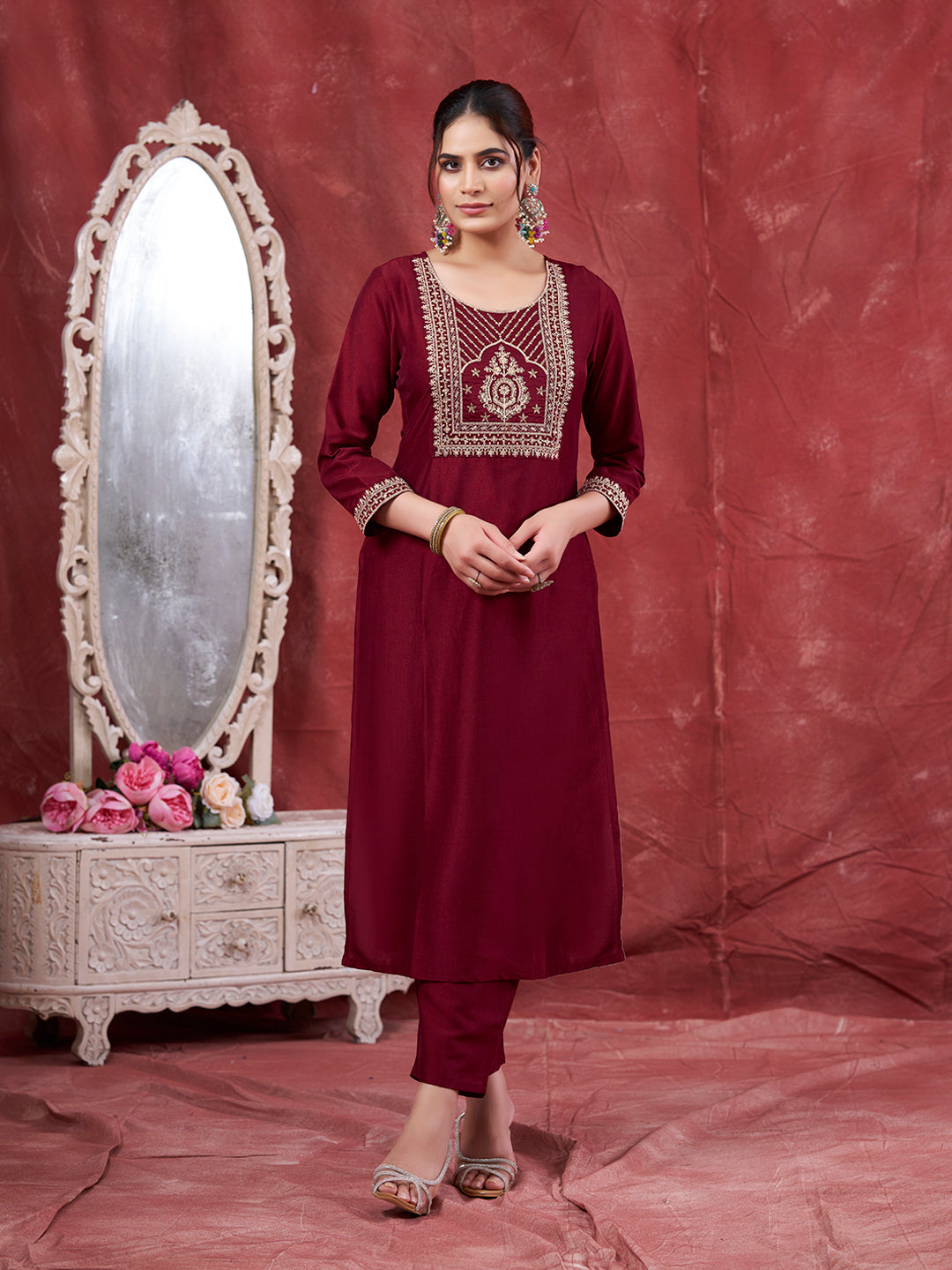 Maroon Embroidered Chinon Kurta with Dupatta Set