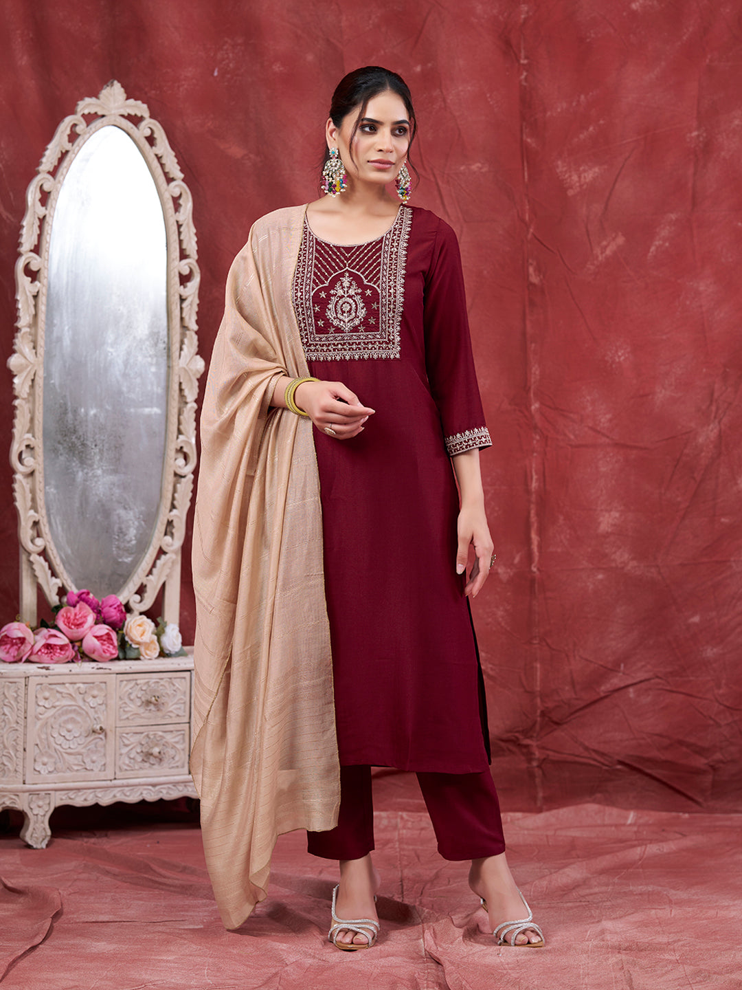 Maroon Embroidered Chinon Kurta with Dupatta Set