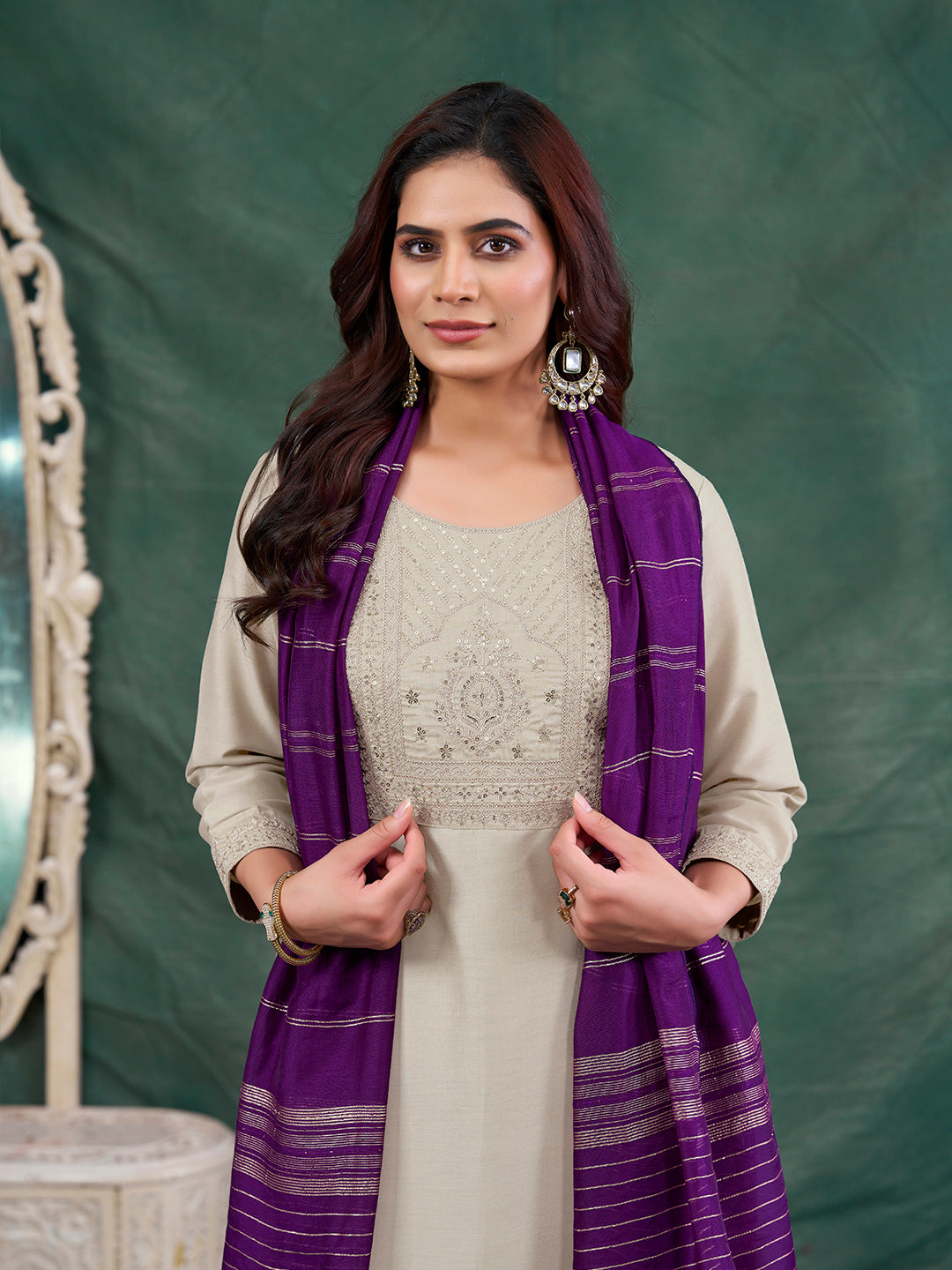 Beige Embroidered Chinon Kurta with Dupatta Set