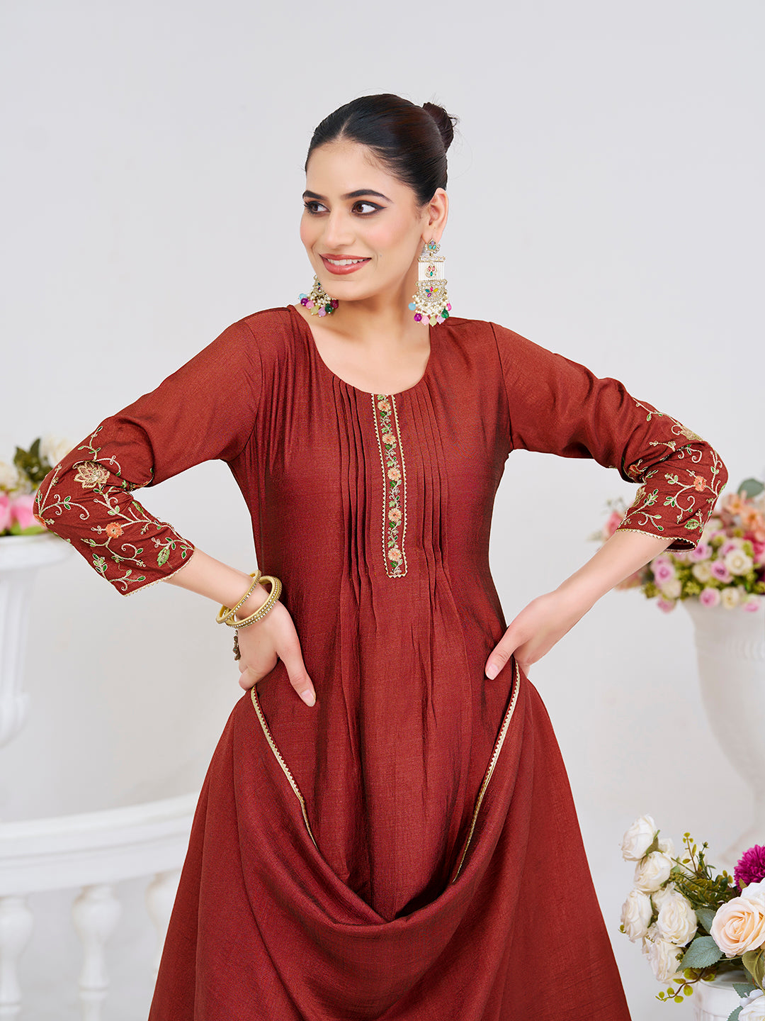 Brown Embroidered Peplum Top with Sharara Set