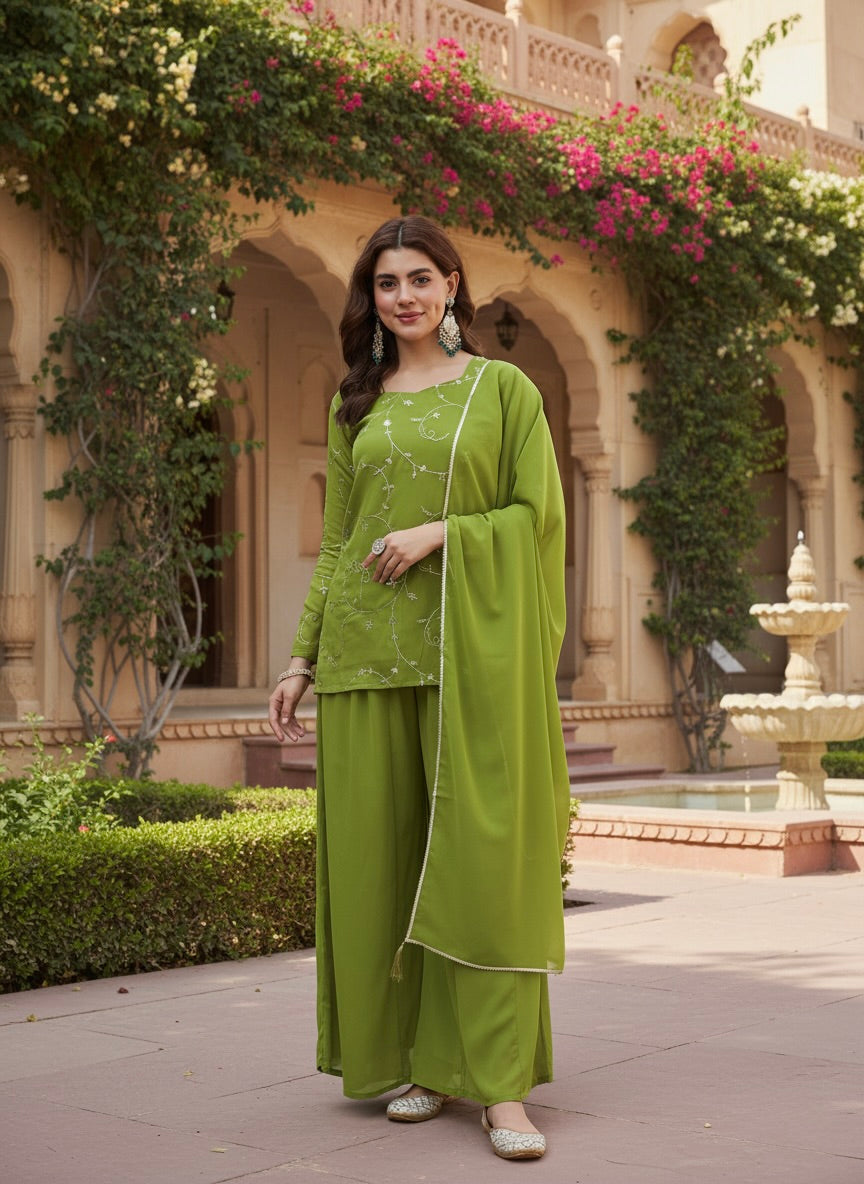 Lime Green Embroidered Georgette Straight Suit Set With Dupatta