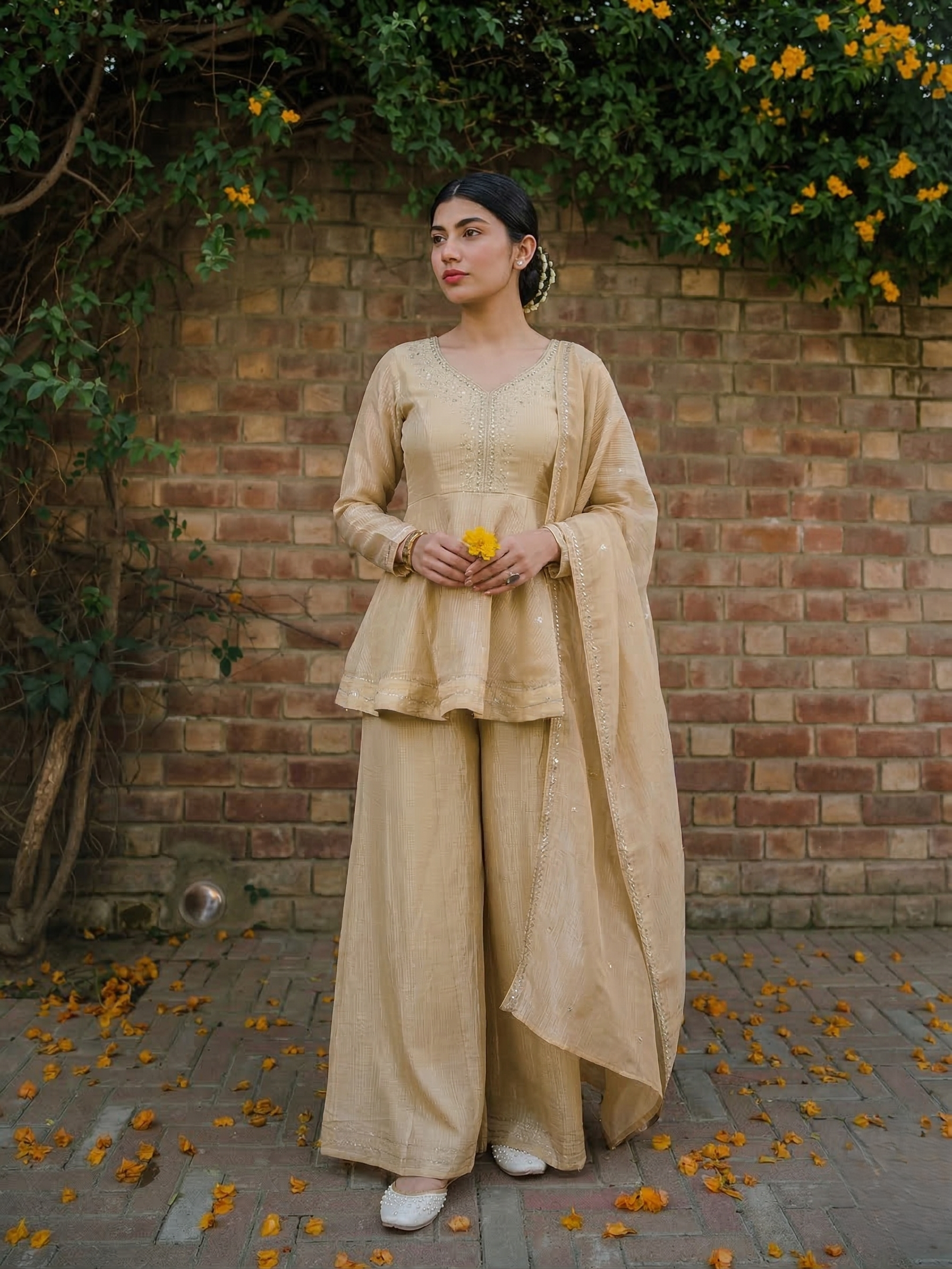 Off White Embroidered Peplum Top with Sharara Set