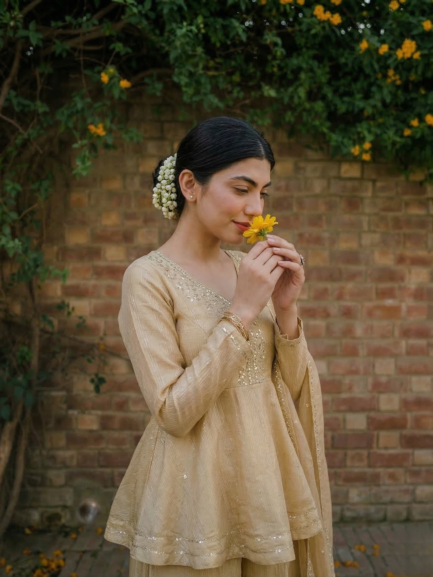 Off White Embroidered Peplum Top with Sharara Set