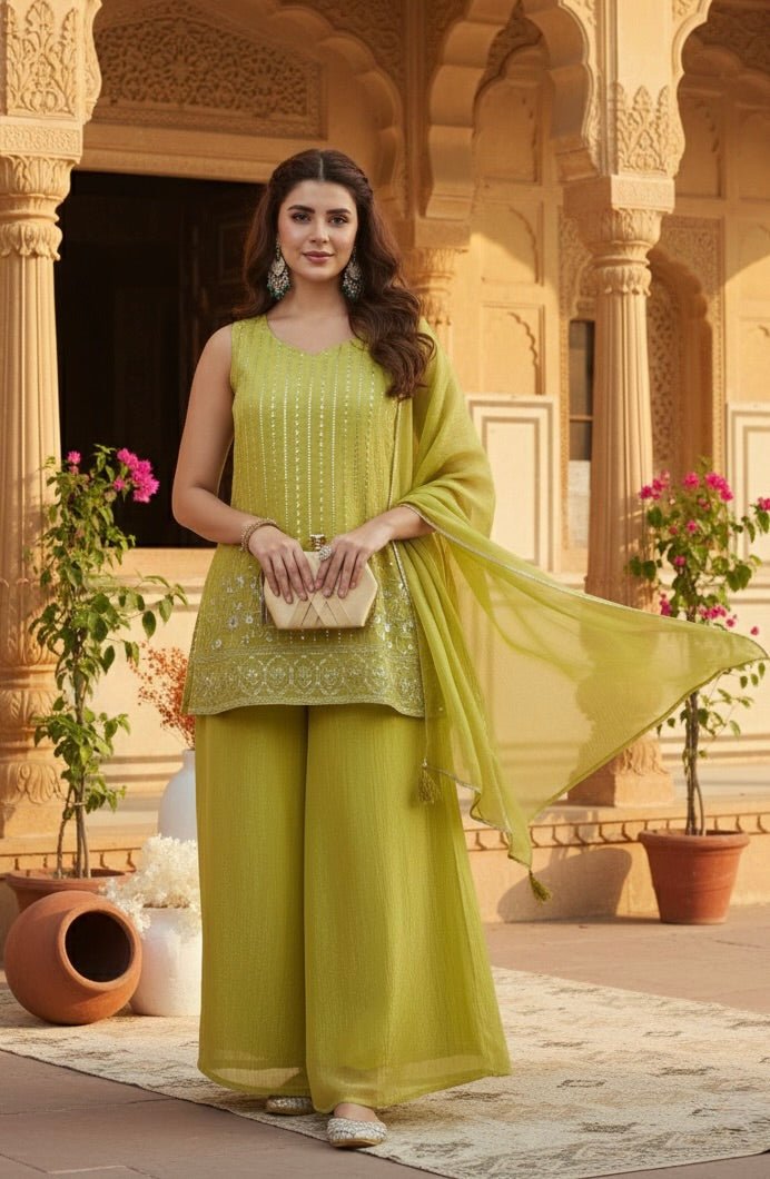 Neon Silk Embroidered Palazzo Suit with Dupatta