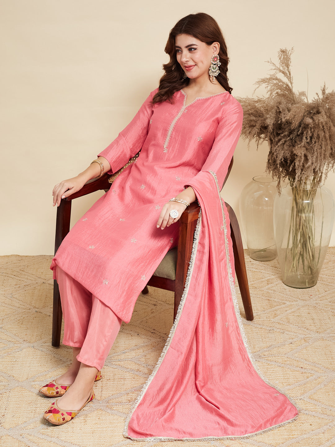 Baby Pink Embroidered Silk Kurta with Dupatta Set