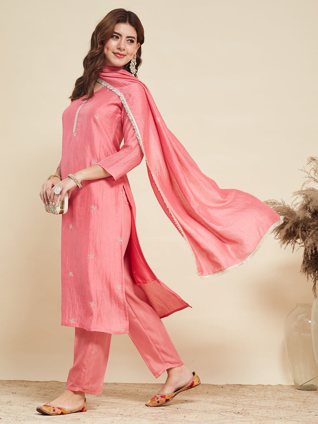 Baby Pink Embroidered Silk Kurta with Dupatta Set