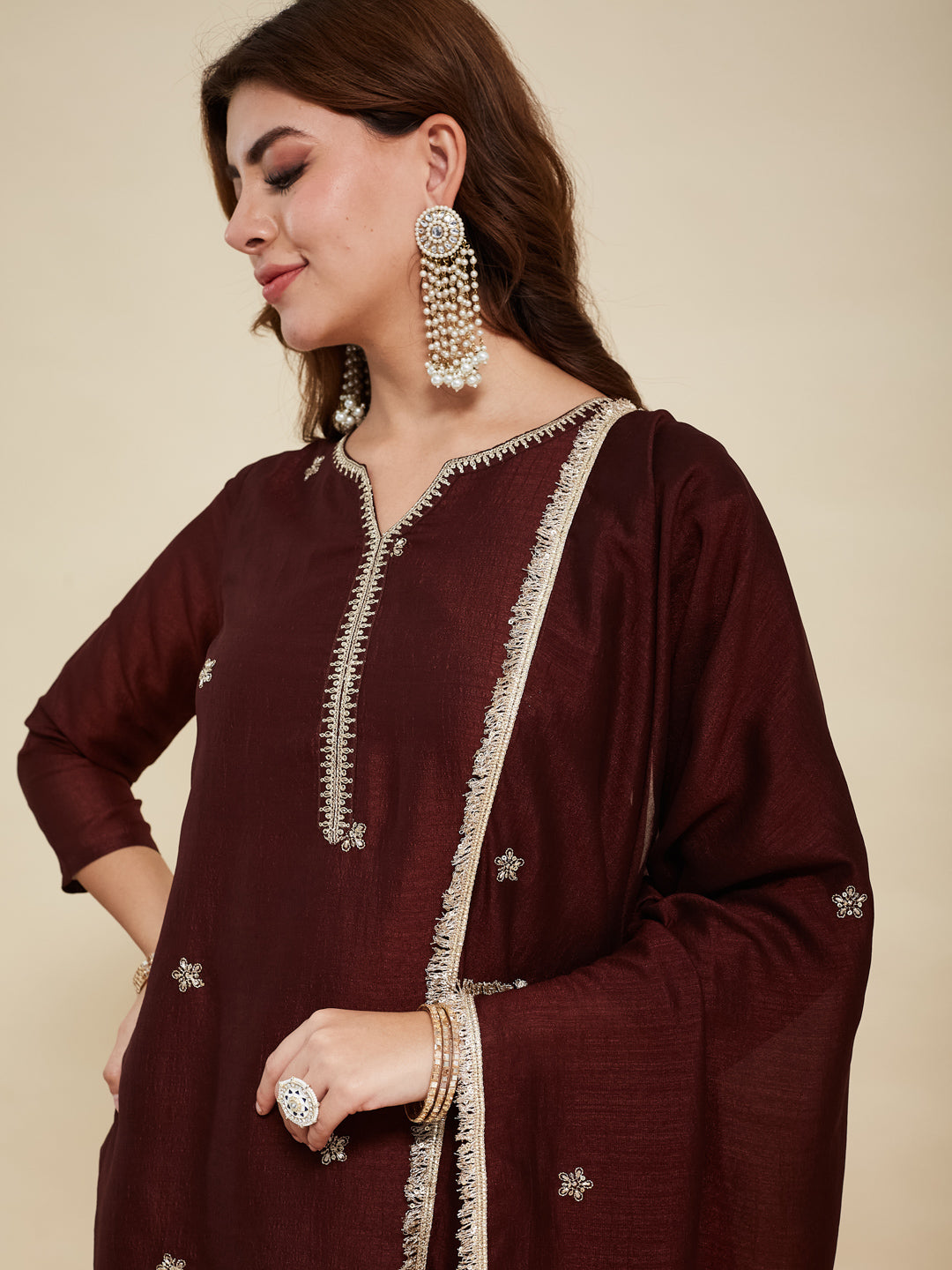 Coffee Embroidered Silk Kurta with Dupatta Set