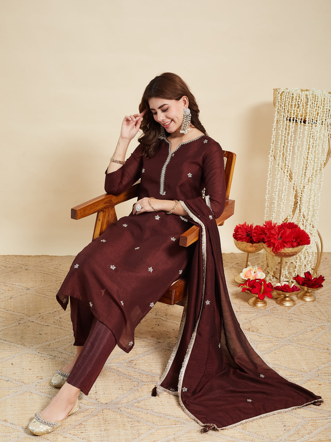 Coffee Embroidered Silk Kurta with Dupatta Set