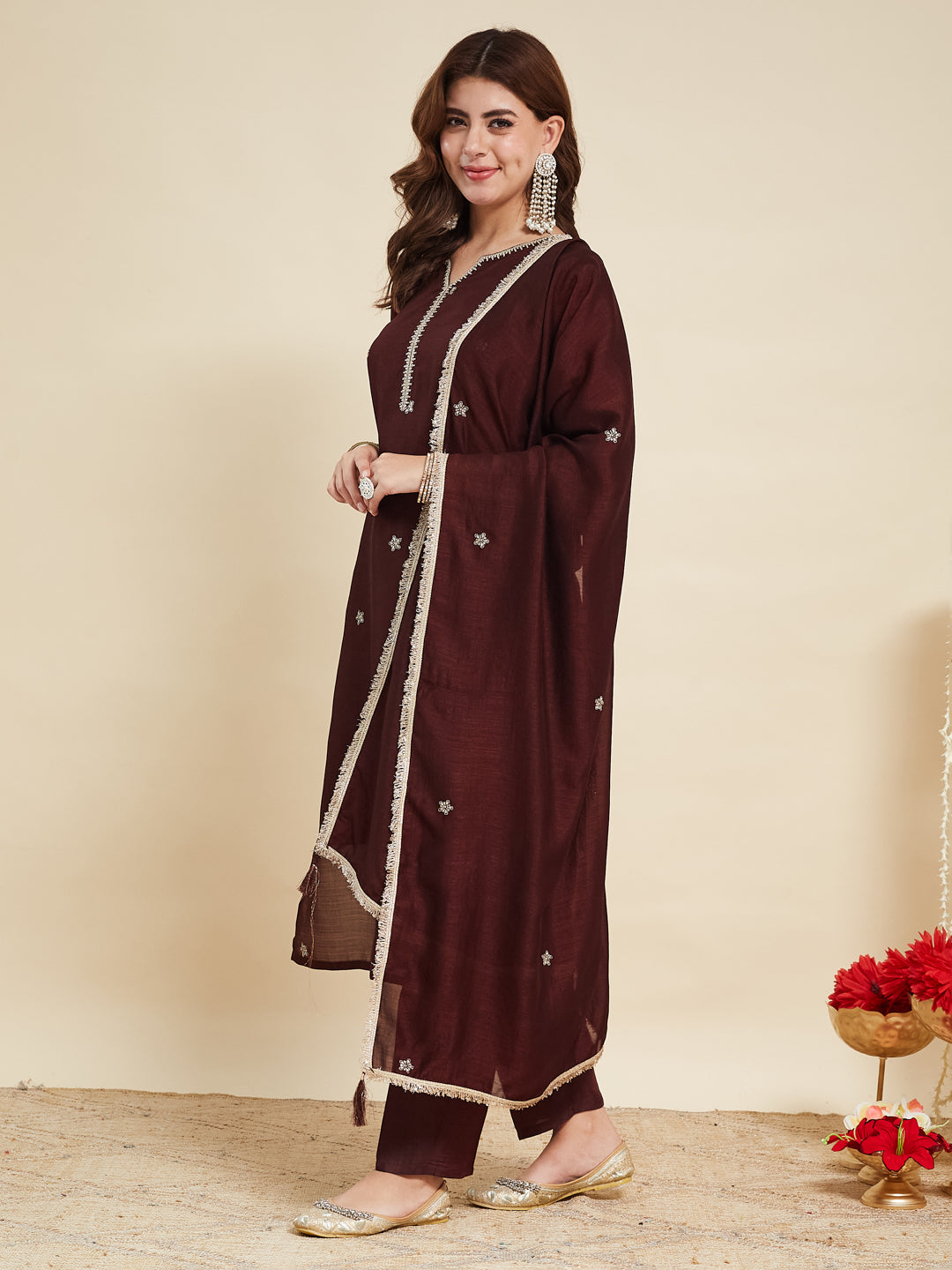 Coffee Embroidered Silk Kurta with Dupatta Set