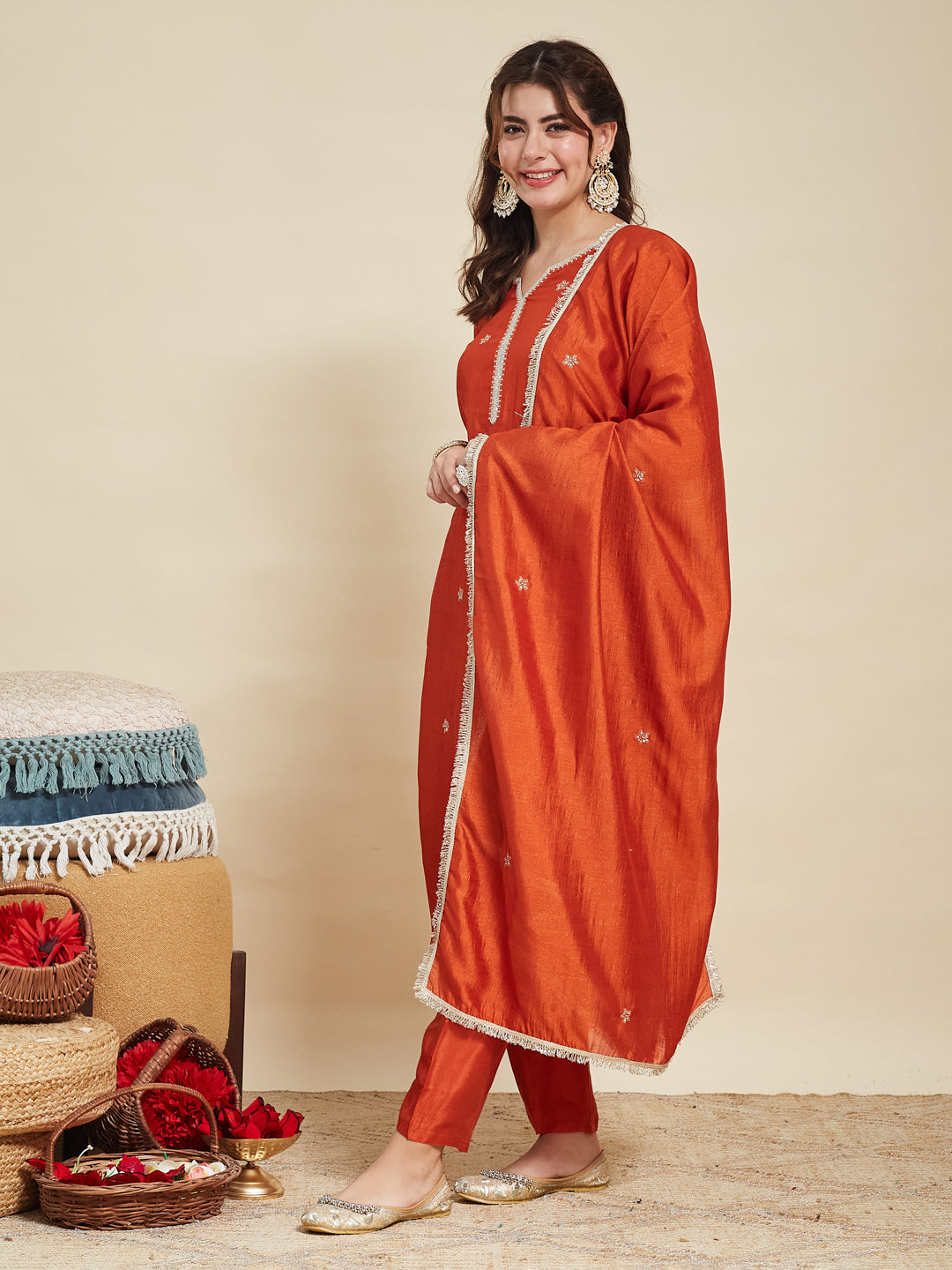 Orange Embroidered Silk Kurta with Dupatta Set