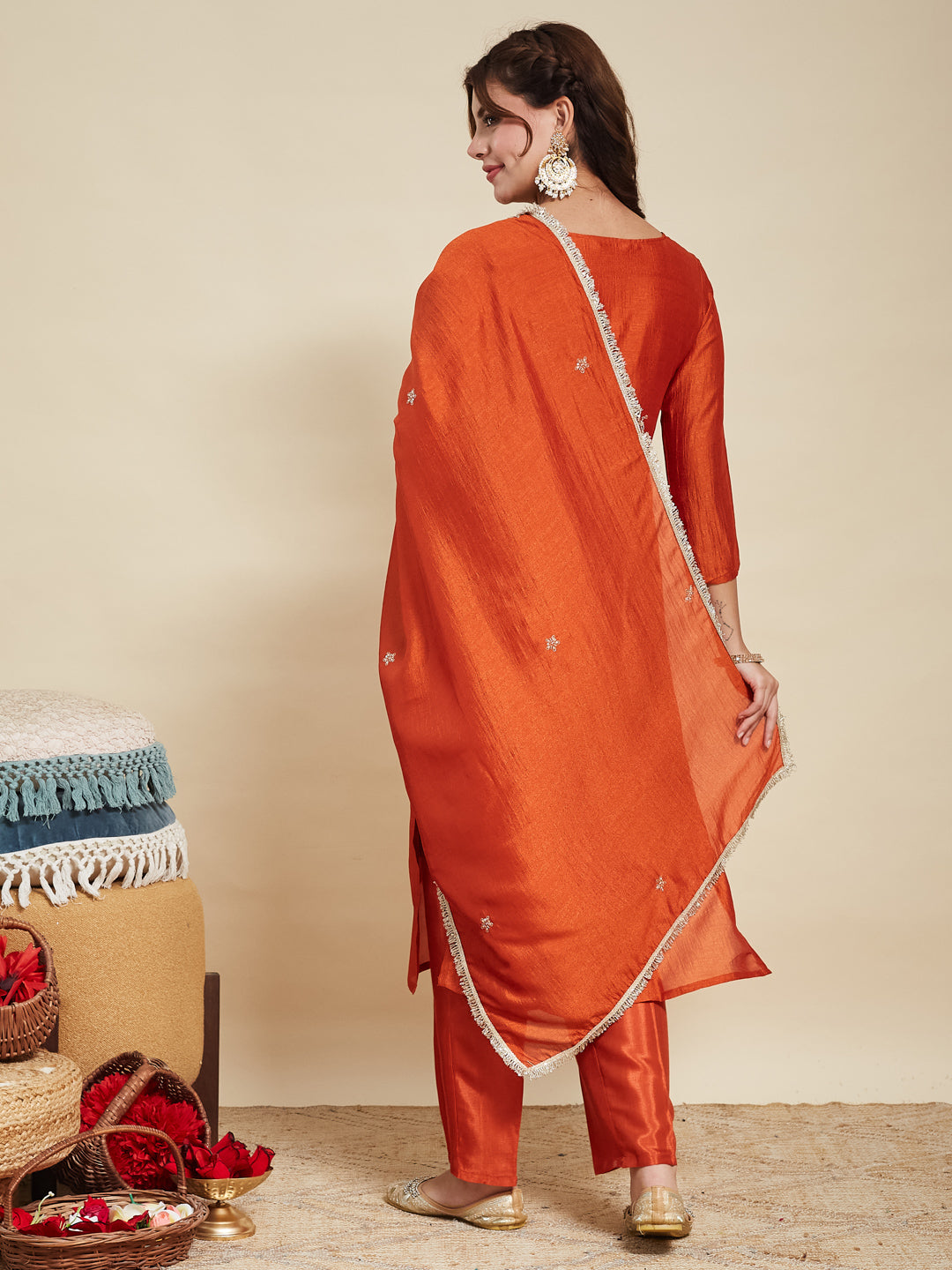 Orange Embroidered Silk Kurta with Dupatta Set