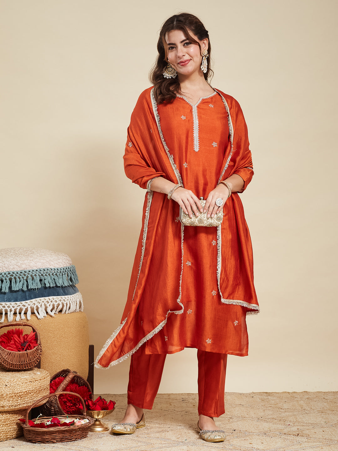 Orange Embroidered Silk Kurta with Dupatta Set