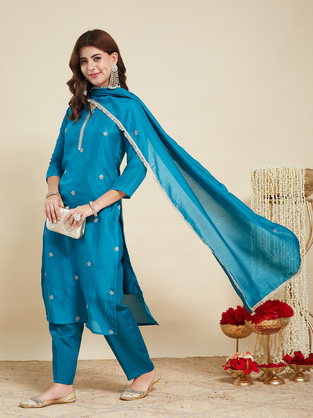 Rama Embroidered Silk Kurta with Dupatta Set