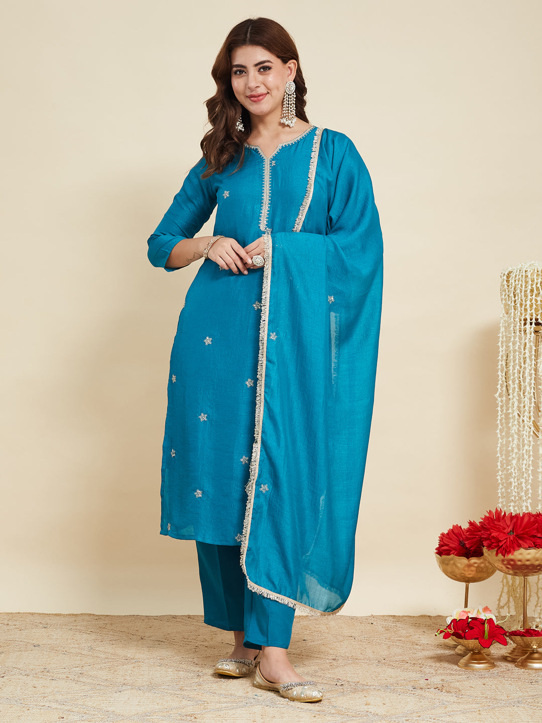 Rama Embroidered Silk Kurta with Dupatta Set