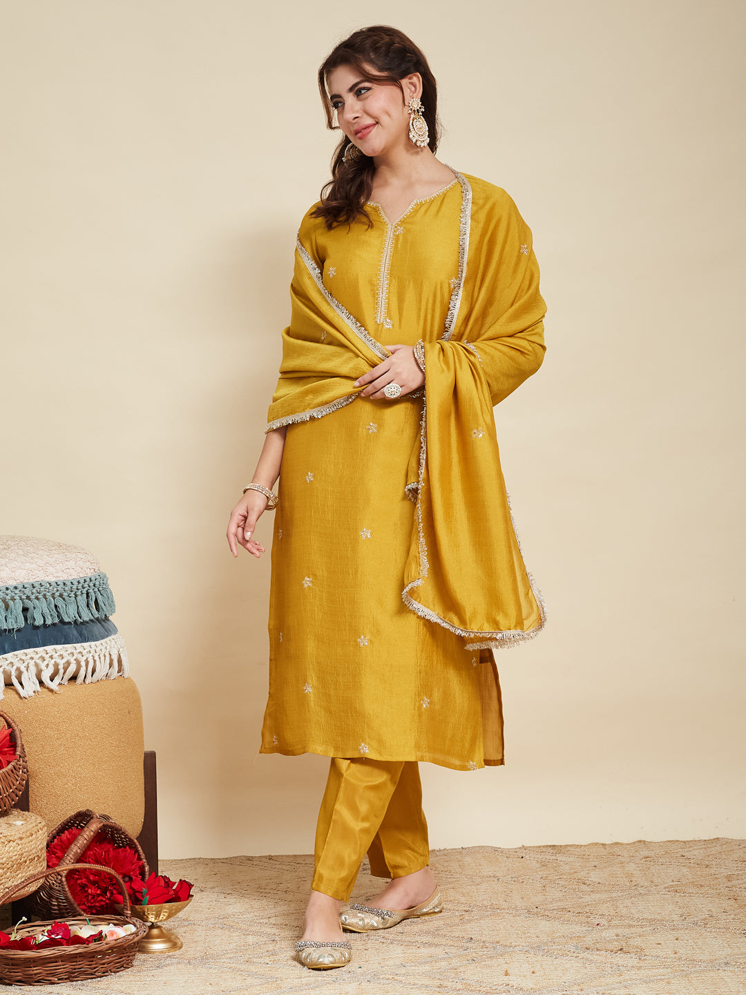 Light Mustard Embroidered Silk Kurta with Dupatta Set