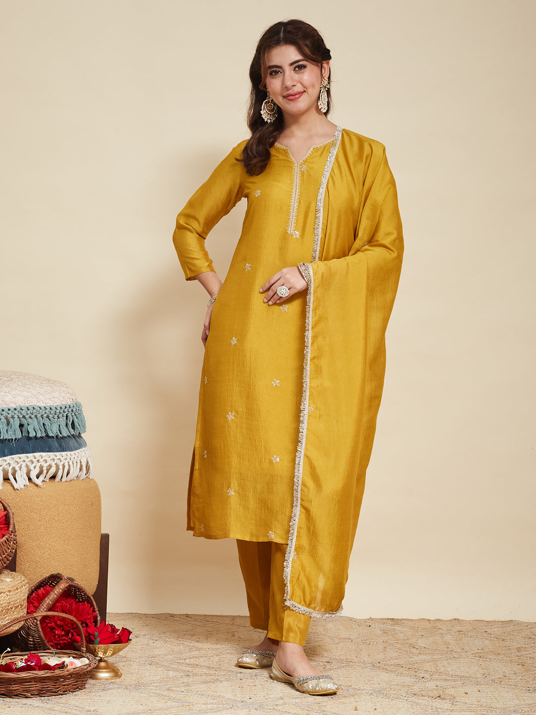 Light Mustard Embroidered Silk Kurta with Dupatta Set