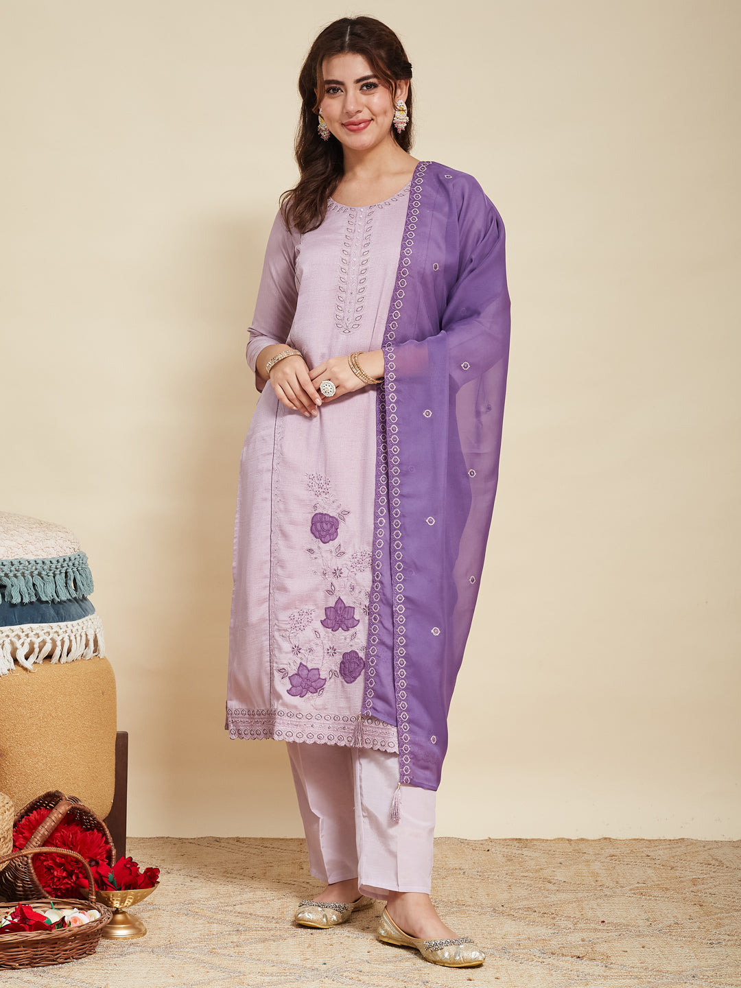 Lavender Embroidered Silk Kurta with Dupatta Set