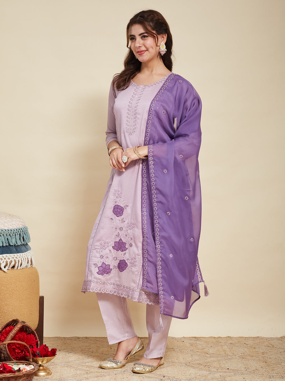 Lavender Embroidered Silk Kurta with Dupatta Set