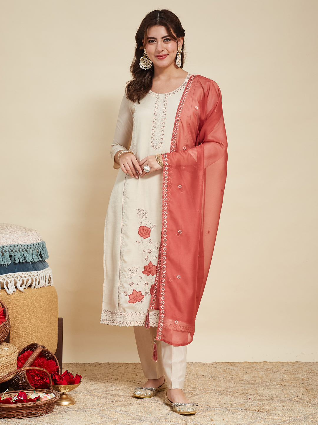 Cream Embroidered Silk Kurta with Dupatta Set