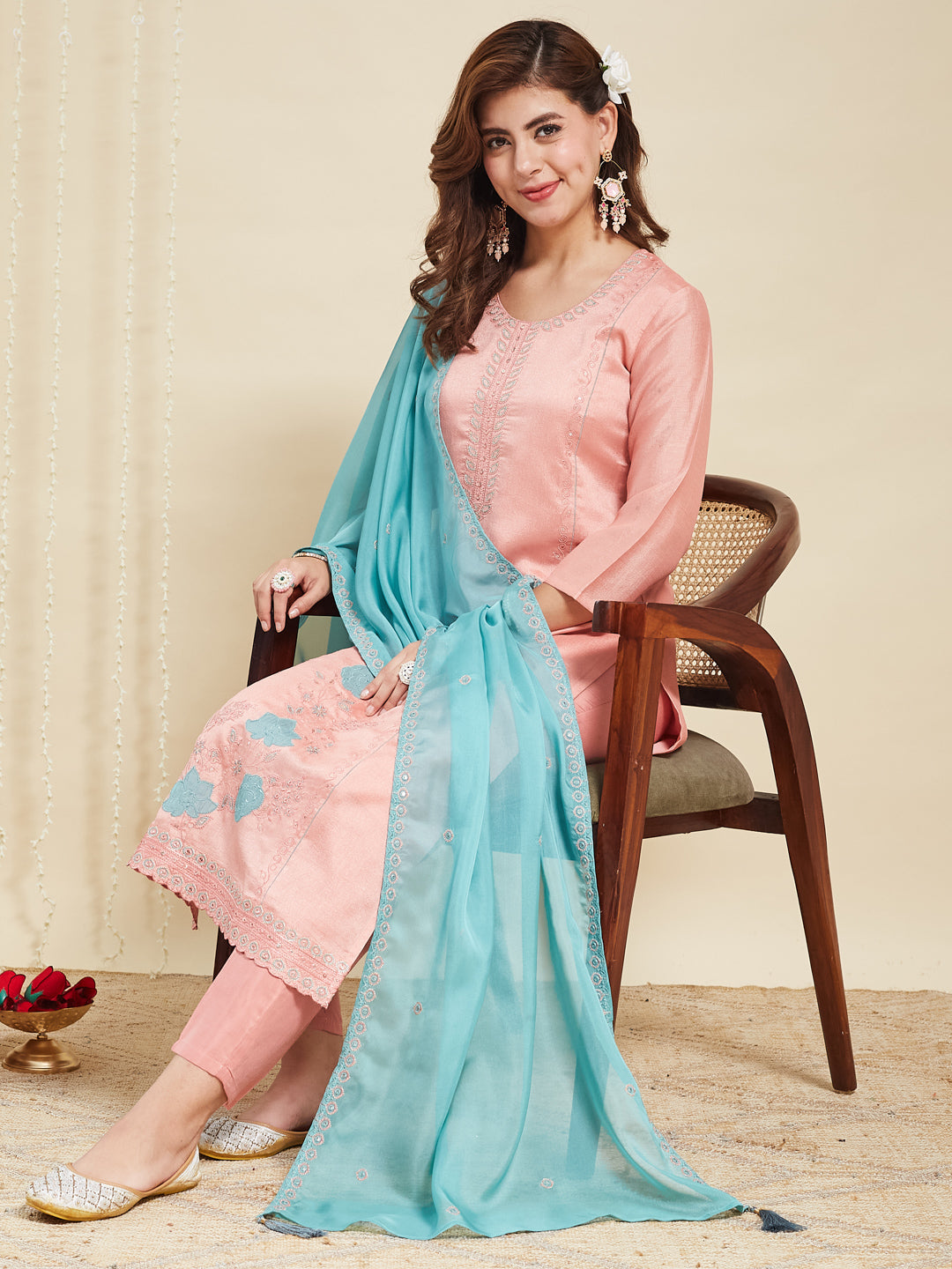 Peach Embroidered Silk Kurta with Dupatta Set