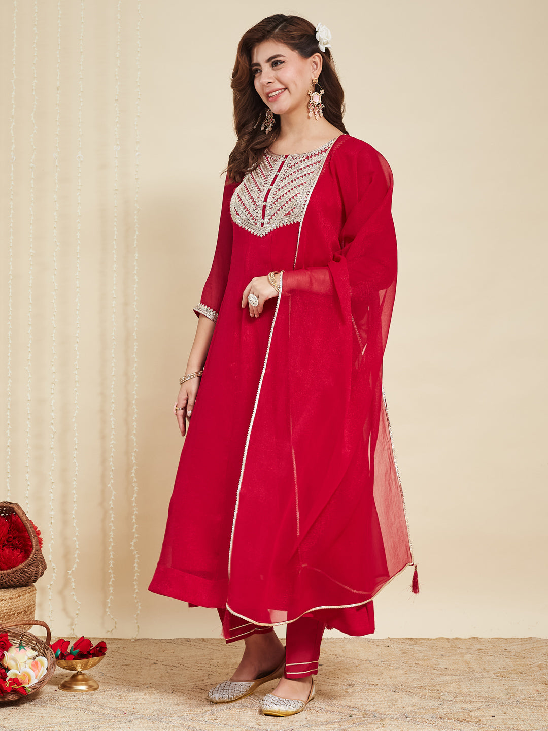 Rani Chiffon Embroidered Anarkali kurta with dupatta set
