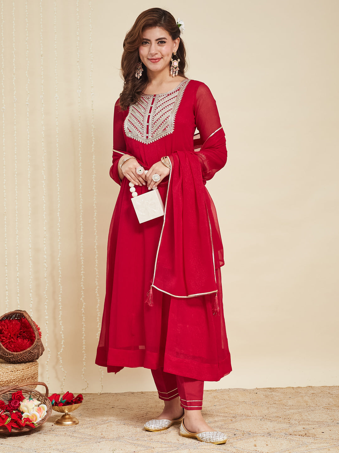Rani Chiffon Embroidered Anarkali kurta with dupatta set